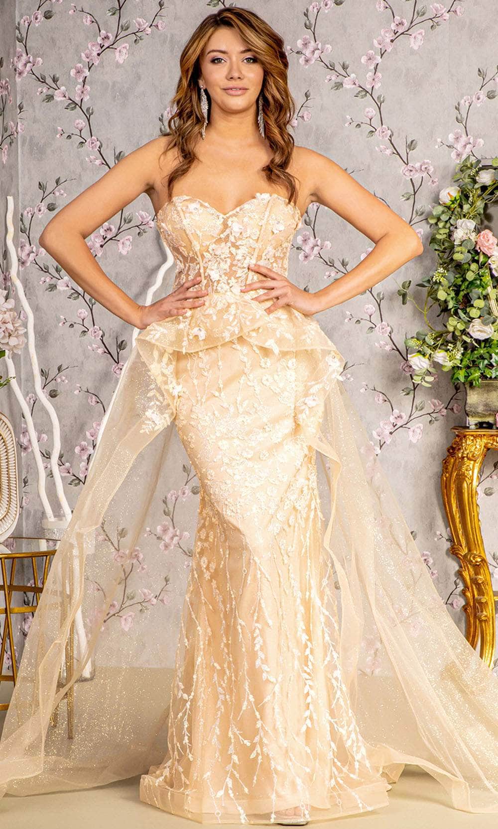 Fitted Applique Strapless Overskirt Gown by GLS Gloria GL3256 3XL / Champagne Fitted Applique Strapless Overskirt Gown by GLS Gloria GL3256 3XL / Champagne