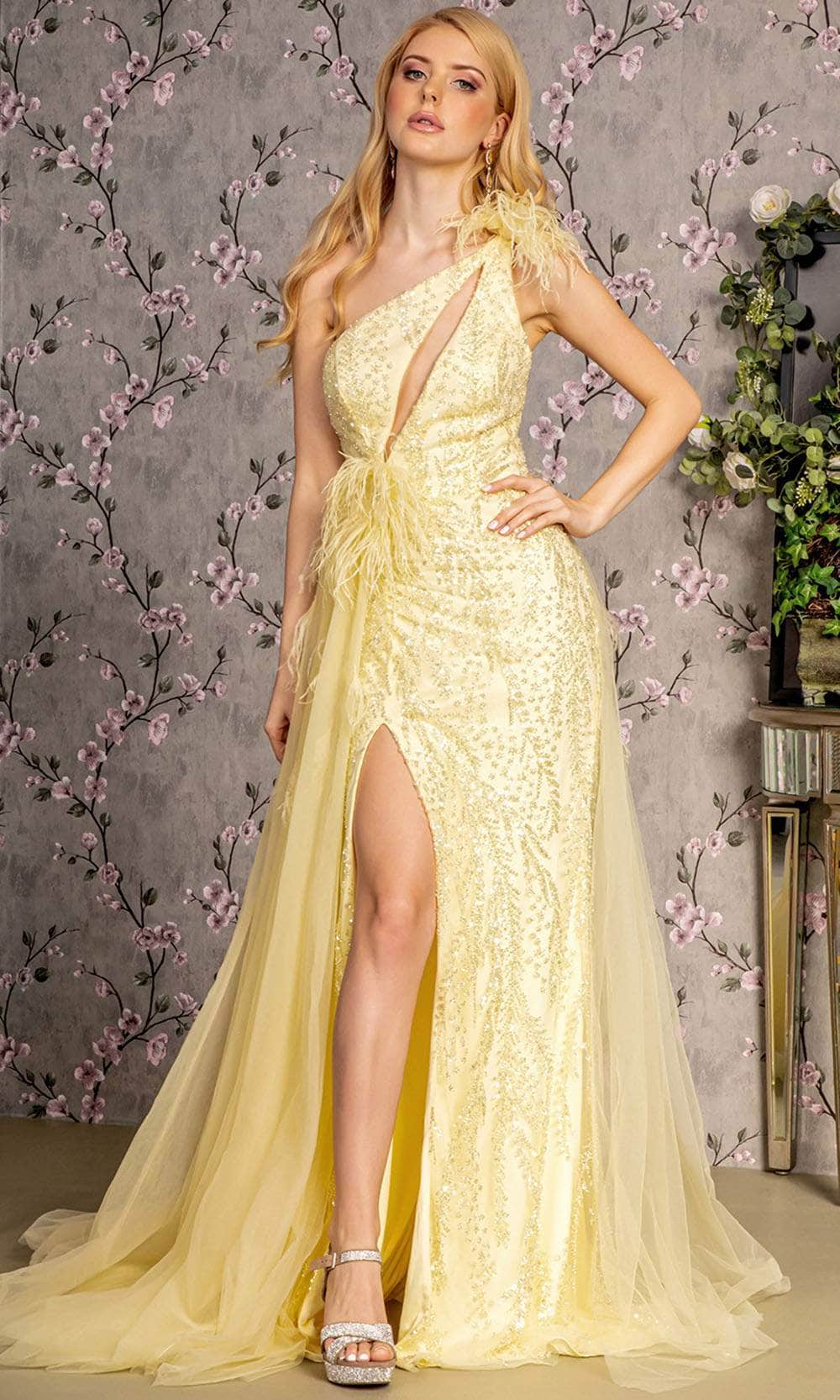 Fitted One Shoulder Feather Slit Gown by GLS Gloria GL3278 - 2XL / Light Yellow Fitted One Shoulder Feather Slit Gown by GLS Gloria GL3278 - 2XL / Light Yellow
