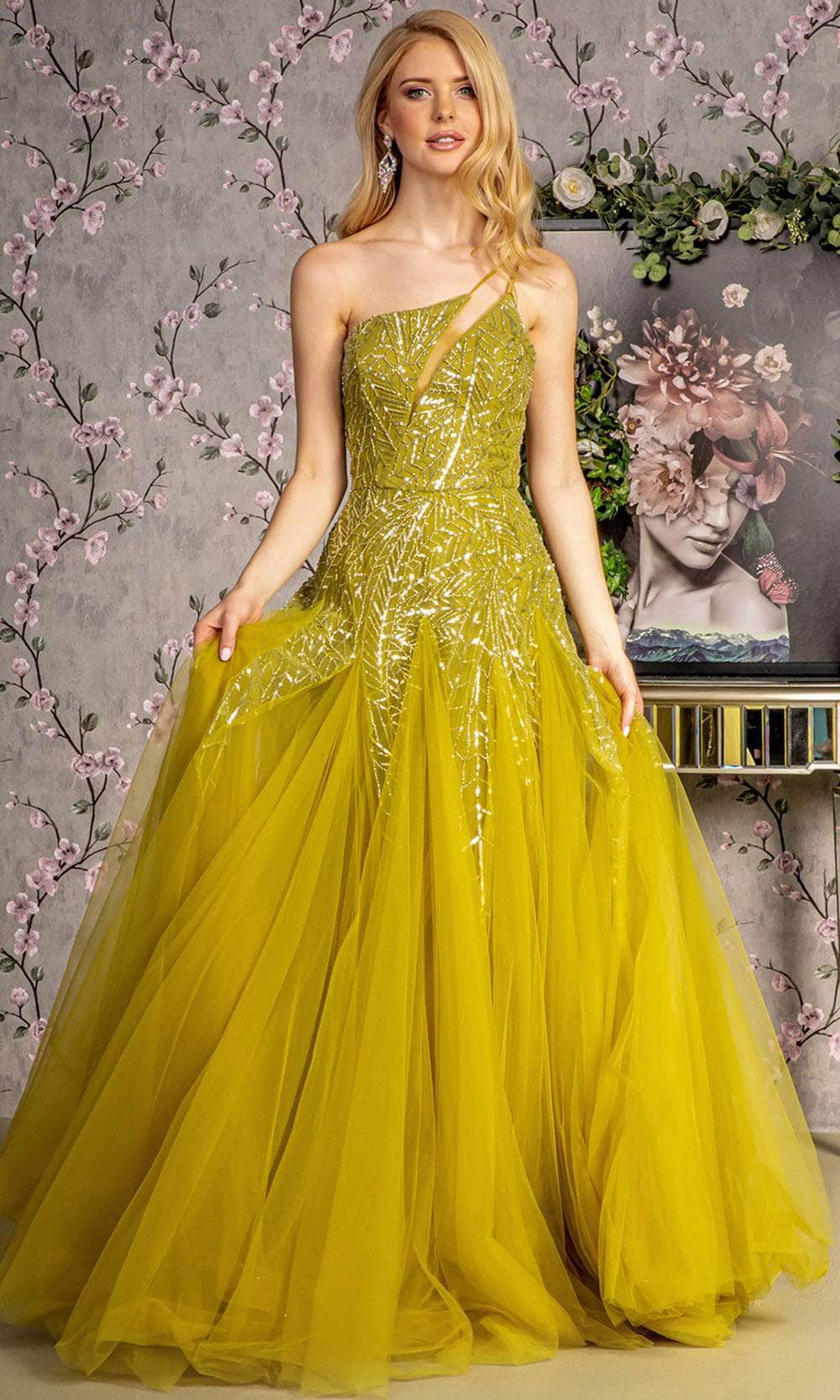 GLS by Gloria GL3281 - Long Mesh A-Line Dress - One-Shoulder, Cut-Out, Open Back, Sequin and Bead Embellished, Back Zipper Closure, Horsehair Hemline ADASA GLS by Gloria GL3281 - Long Mesh A-Line Dress - One-Shoulder, Cut-Out, Open Back, Sequin and Bead Embellished, Back Zipper Closure, Horsehair Hemline ADASA