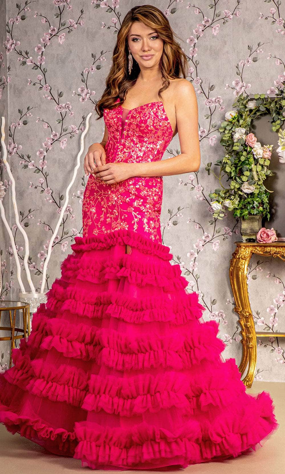 Fitted Sequin Strapless Ruffled Slit Gown by GLS Gloria GL3315 XL / Fuchsia Fitted Sequin Strapless Ruffled Slit Gown by GLS Gloria GL3315 XL / Fuchsia