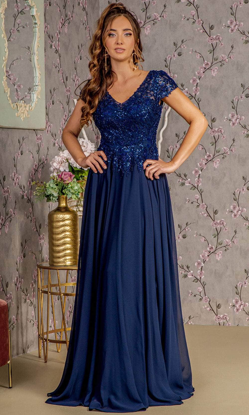 GLS by Gloria GL3450 - Illusion Back V-Neck Formal Dress Special Occasion Dresses S / Navy
