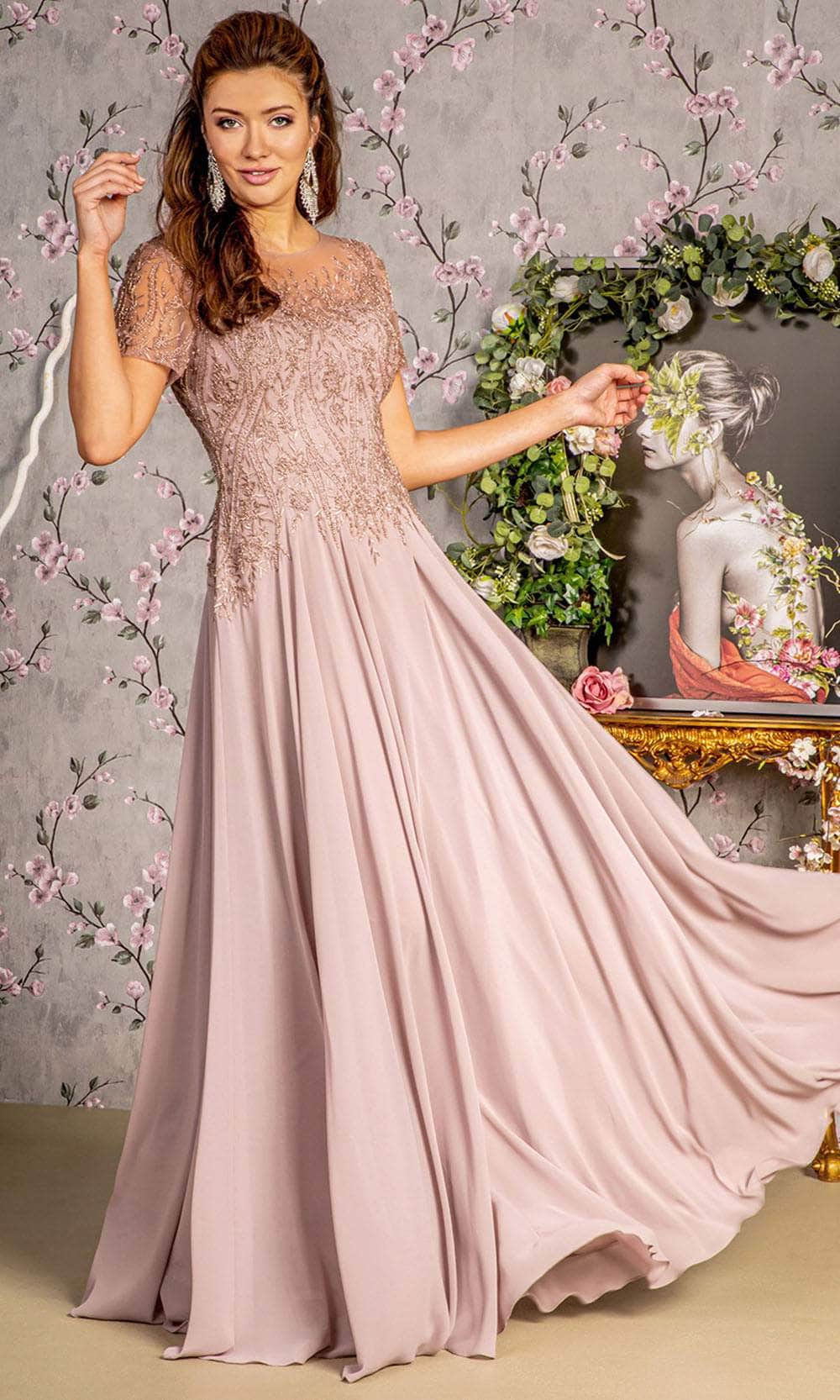 GLS by Gloria GL3492 - Long Chiffon A-Line Dress - Short Sleeves, Embroideries, Beaded, Full Back, Pleated Skirt ADASA GLS by Gloria GL3492 - Long Chiffon A-Line Dress - Short Sleeves, Embroideries, Beaded, Full Back, Pleated Skirt ADASA