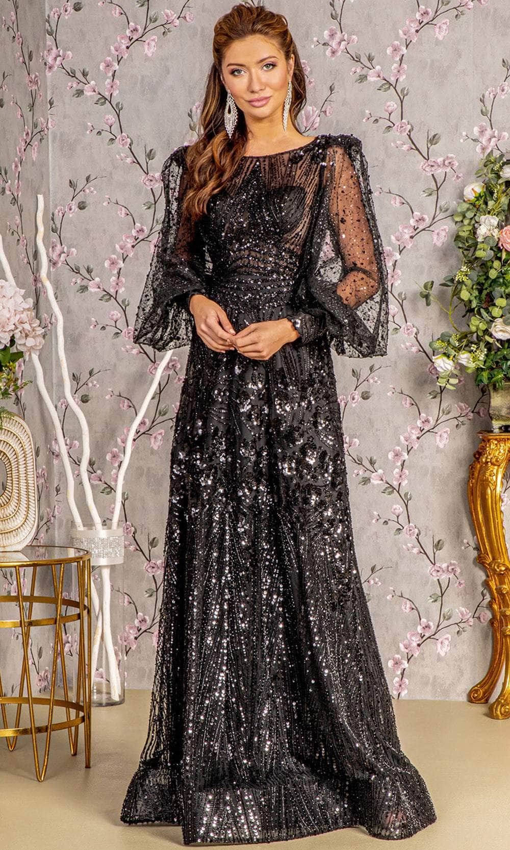 GLS by Gloria GL3497 - Long Mesh A-Line Dress - Illusion, Fitted, Sequin Embellished, Long Illusion Puff Sleeves, Illusion Full Back, Back Zipper, Floor Length ADASA GLS by Gloria GL3497 - Long Mesh A-Line Dress - Illusion, Fitted, Sequin Embellished, Long Illusion Puff Sleeves, Illusion Full Back, Back Zipper, Floor Length ADASA