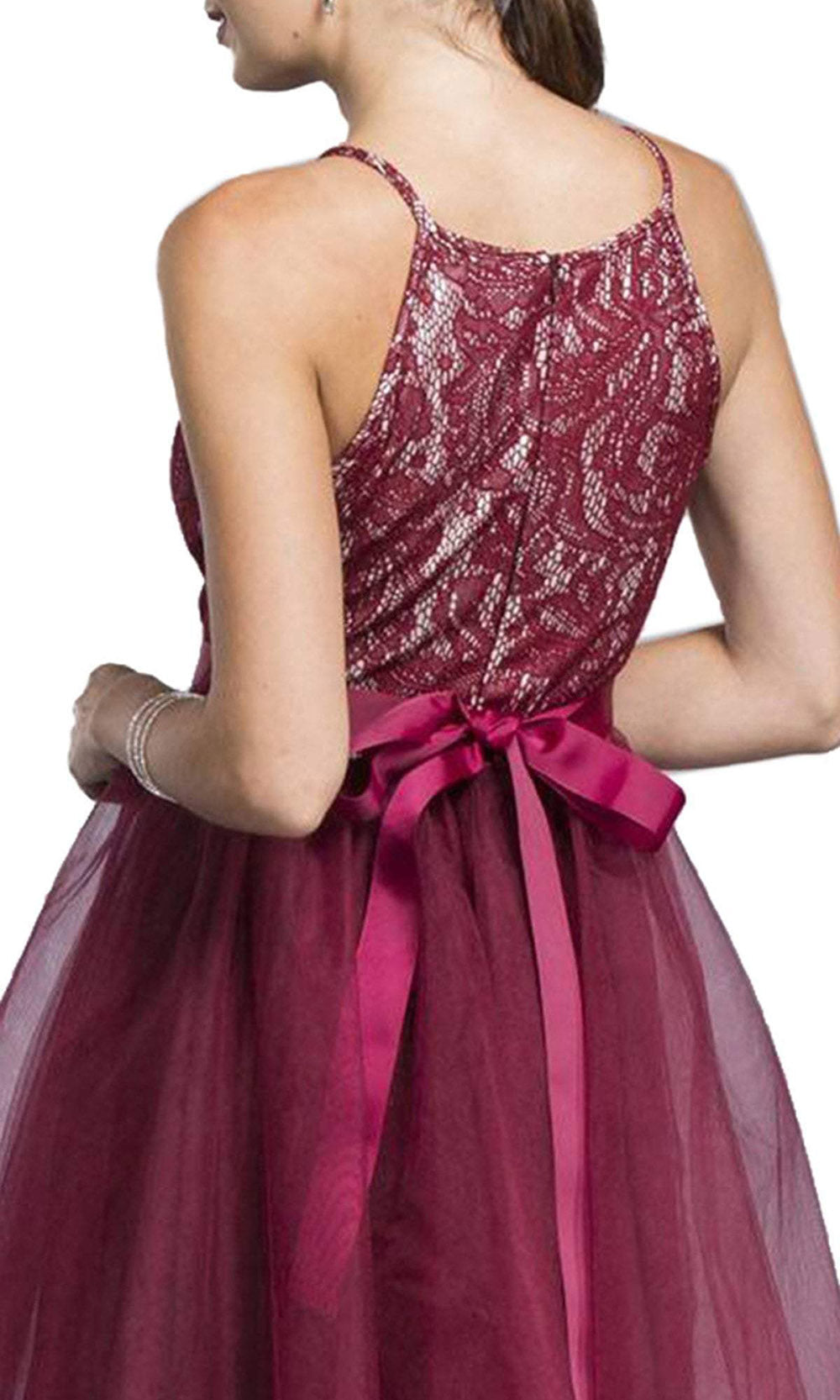 Aspeed Design - Lace Halter A-Line Short Dress D136SC In Red