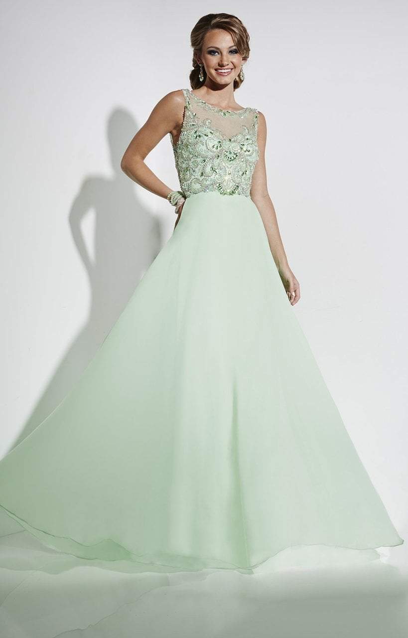 Studio 17 12571 - Long Chiffon A-line Dress - Sleeveless, Sheer fabric,  Tulle, Beaded bodice, Back cutout, A-line skirt  ADASA
