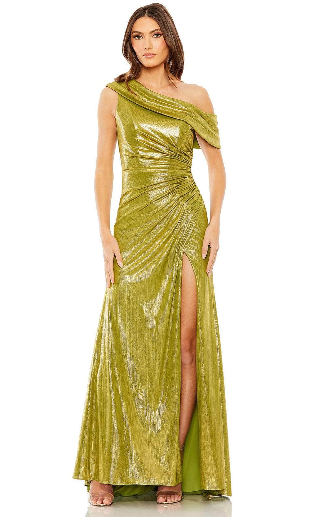 Ieena for Mac Duggal - Pink Off The Shoulder Ruched Waist Slit Metallic Gown - US 0 Ieena for Mac Duggal - Pink Off The Shoulder Ruched Waist Slit Metallic Gown - US 0