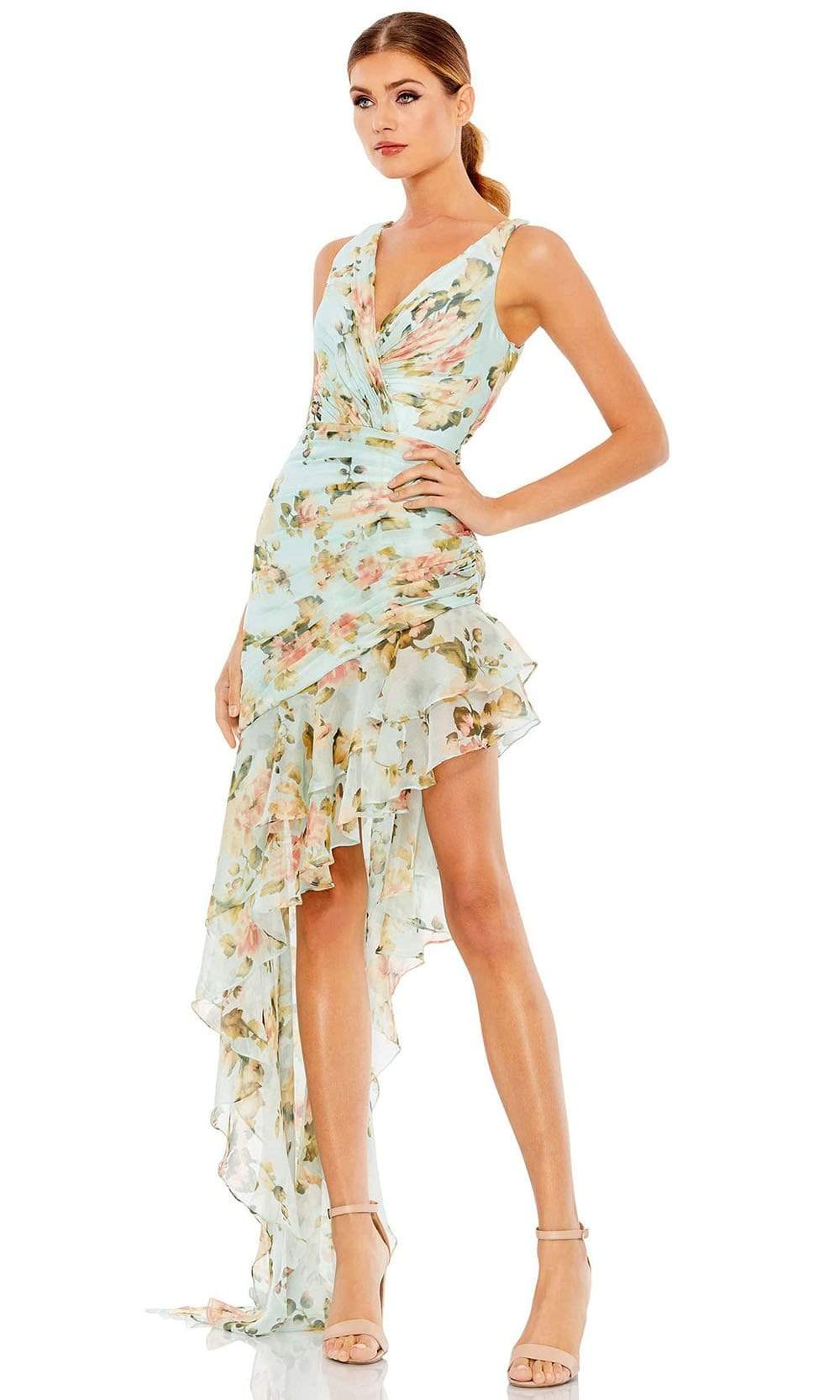 Ieena Duggal 49144 - High Low A-Line Dress - Sleeveless, Floral Prints, Fitted Bodice, Pleats, Asymmetric, Sweep Train ADASA Ieena Duggal 49144 - High Low A-Line Dress - Sleeveless, Floral Prints, Fitted Bodice, Pleats, Asymmetric, Sweep Train ADASA