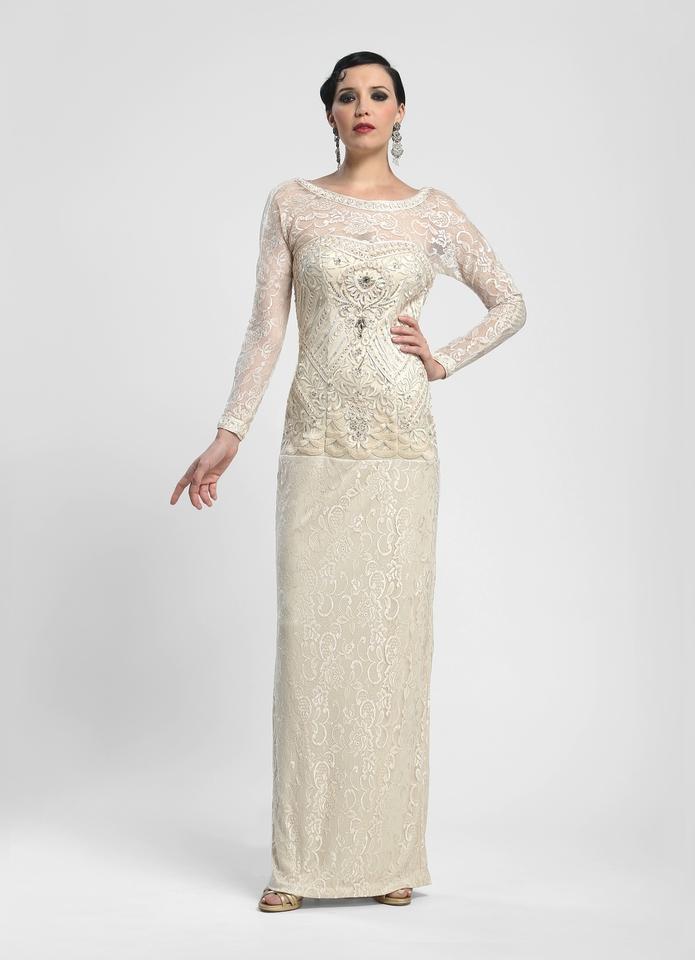 Sue Wong W4134 - Long Sheath Dress - Sheer Long Sleeves, Embroidery, Beads, Satin String, Low V-Cut Back, Back Slit, Full-Length Hem ADASA Sue Wong W4134 - Long Sheath Dress - Sheer Long Sleeves, Embroidery, Beads, Satin String, Low V-Cut Back, Back Slit, Full-Length Hem ADASA