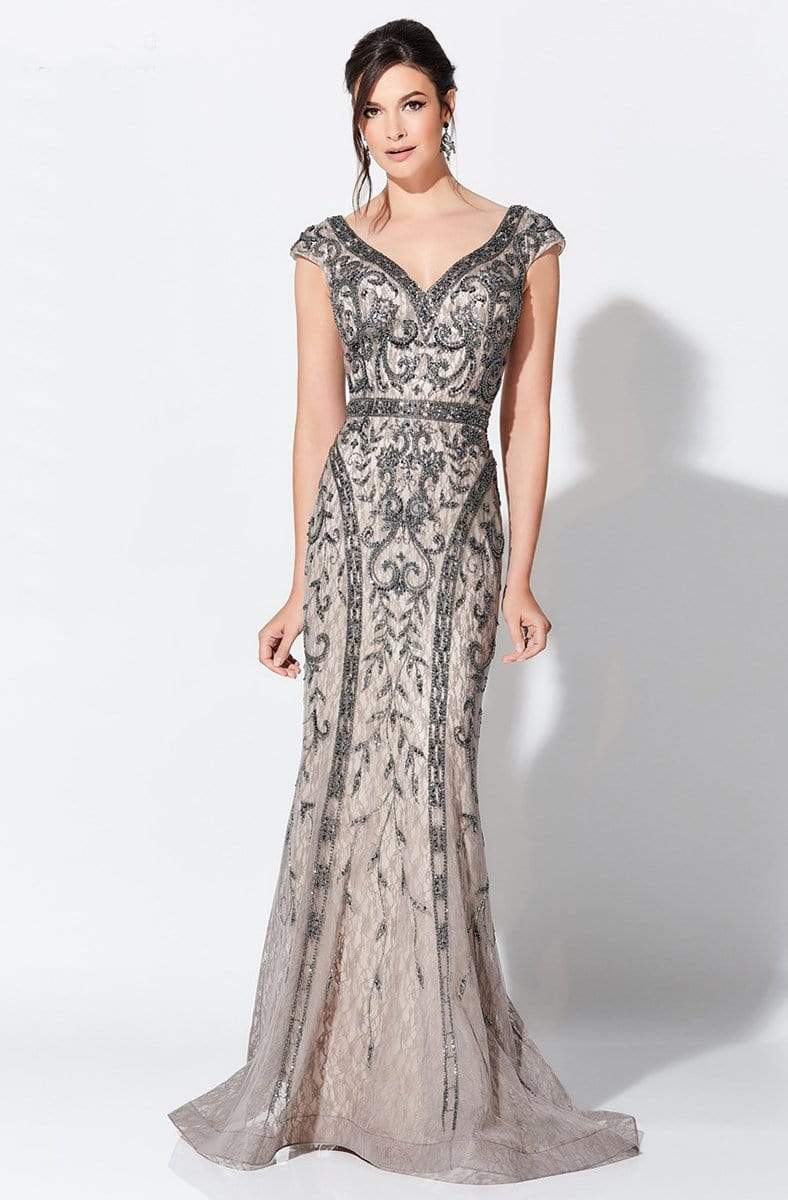 Ivonne D for Mon Cheri - 119D42 Bead Embellished V-Neck Gown Evening Dresses 0 / Smoke/Nude