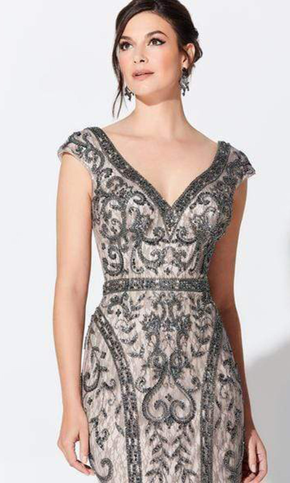 Ivonne D for Mon Cheri - Bead Embellished V-Neck Sheath Evening Dress 119D42 - 1 pc Smoke/Nude In Size 6 Available CCSALE 14 / Smoke/Nude