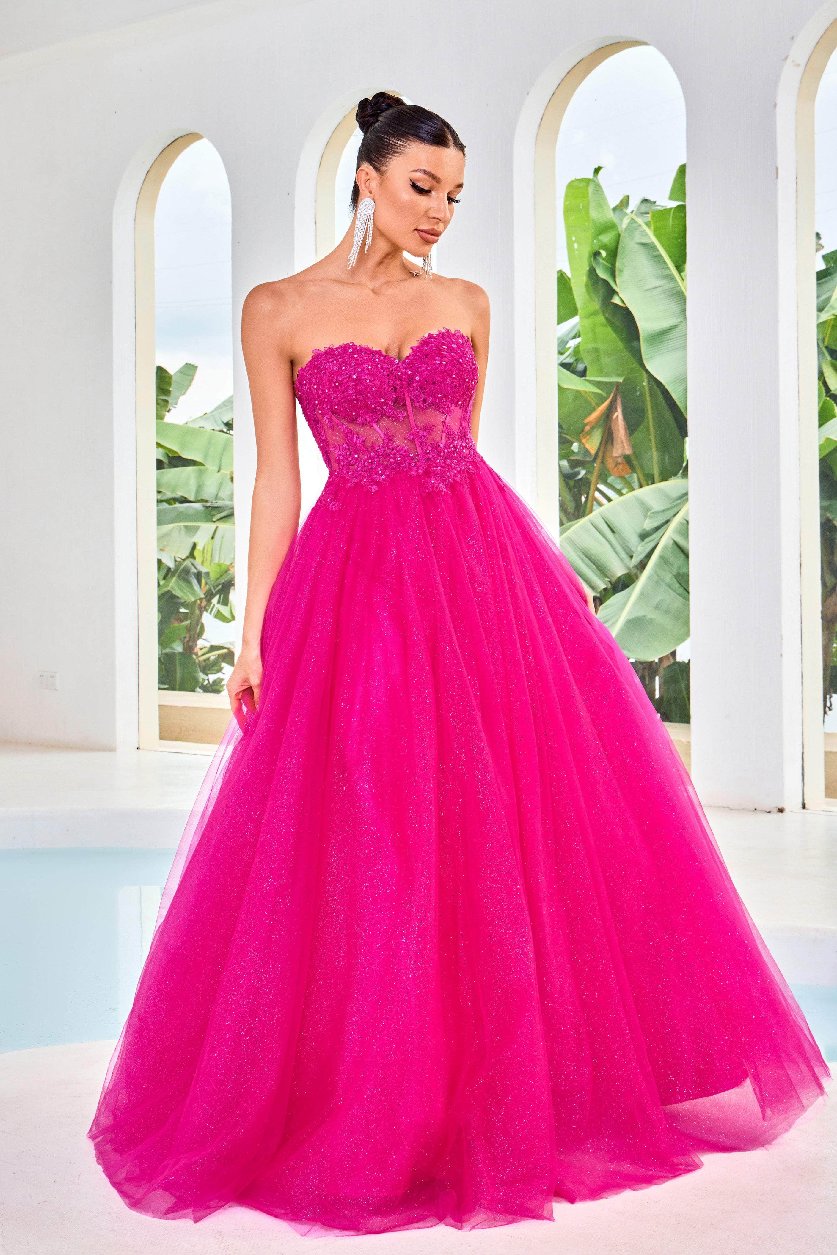 J'Adore Dresses J24016 - Long Lace, Sparkle Tulle A-Line Dress - Strapless, Sheer Corset Bodice, Lace Appliques, Rhinestones, Lace Up Back, Sweep J'Adore Dresses J24016 - Long Lace, Sparkle Tulle A-Line Dress - Strapless, Sheer Corset Bodice, Lace Appliques, Rhinestones, Lace Up Back, Sweep