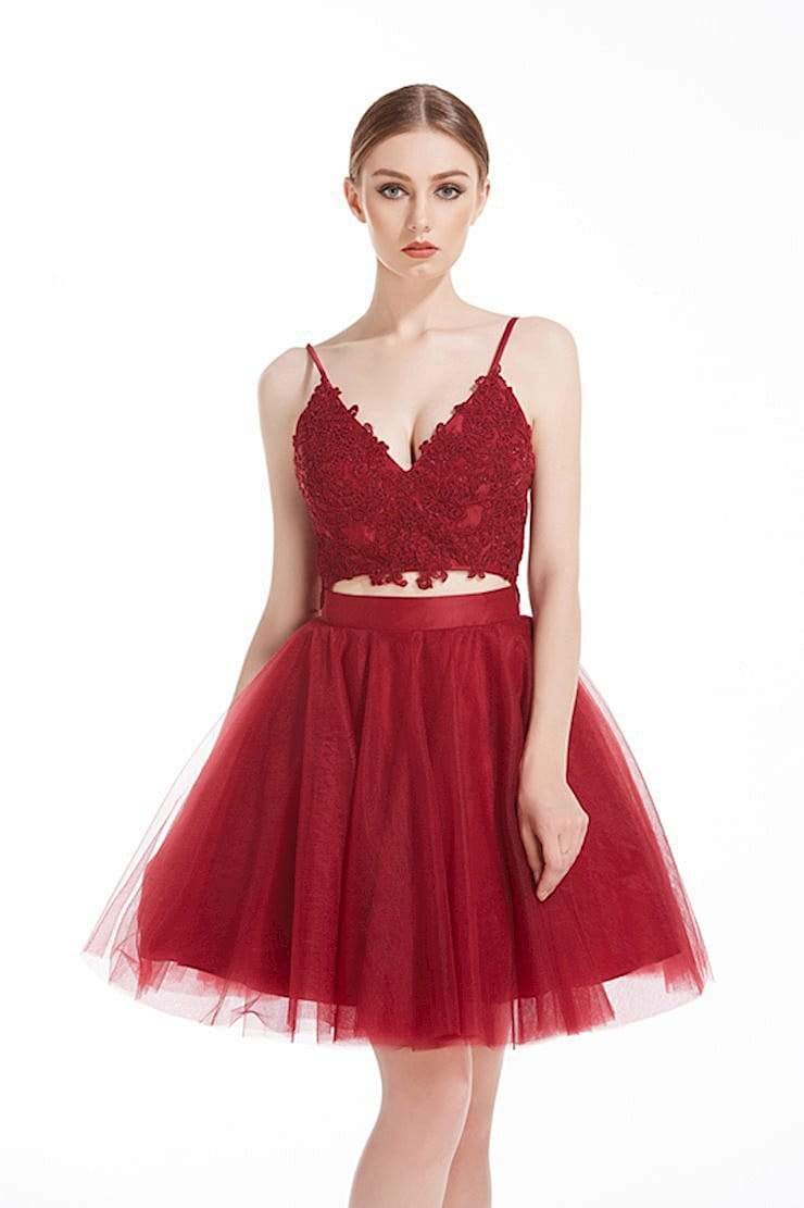 Jadore - J12065 Two Piece Embroidered V-Neck Cocktail Dress Special Occasion Dress 2 / Cherry