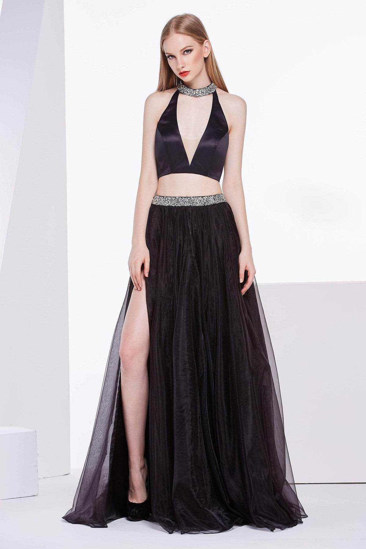 Jadore - J14009 Embellished Two Piece Organza A-line Dress Special Occasion Dress 2 / Black