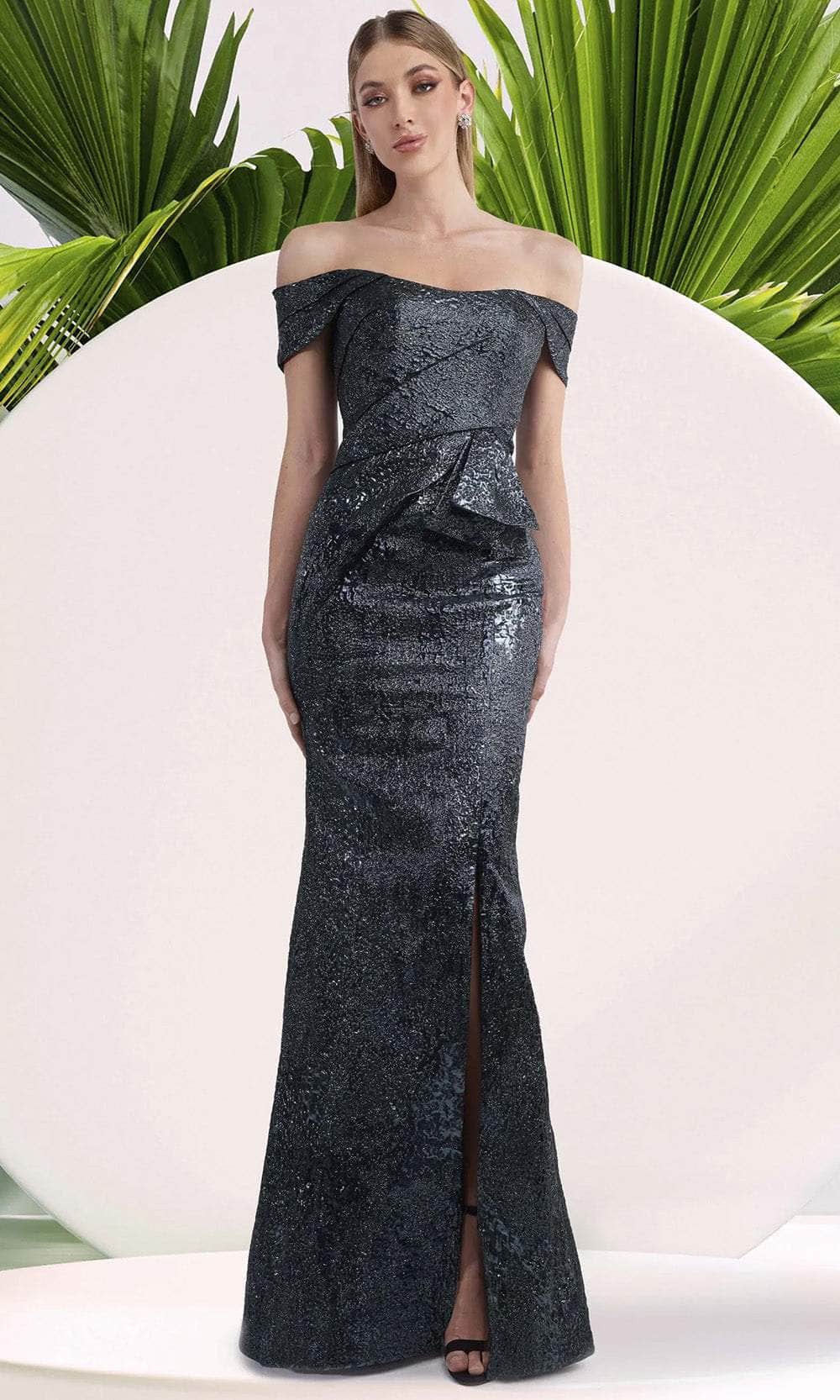 Janique 1020 - Long Sheath Dress - Off-Shoulder Sleeves, Form Fitting, Peplum, Leg Slit, Mid-Open Back, Back Zipper 6 / Champagne Janique 1020 - Long Sheath Dress - Off-Shoulder Sleeves, Form Fitting, Peplum, Leg Slit, Mid-Open Back, Back Zipper 6 / Champagne