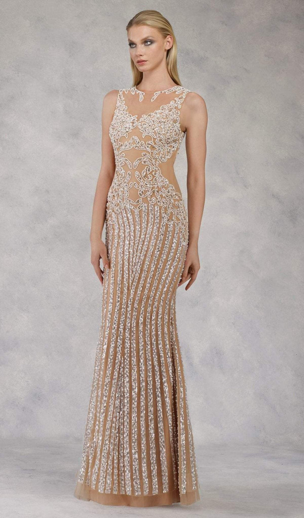 Janique - 17007 Sparkly Nude Illusion Evening Gown In Ivory Special Occasion Dress 0 / Ivory
