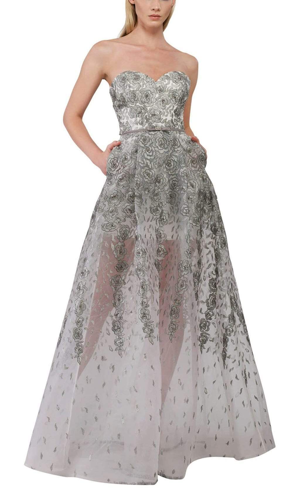 Flower Embroidery Prom Dress Silver Gray Long Evening Dress 
