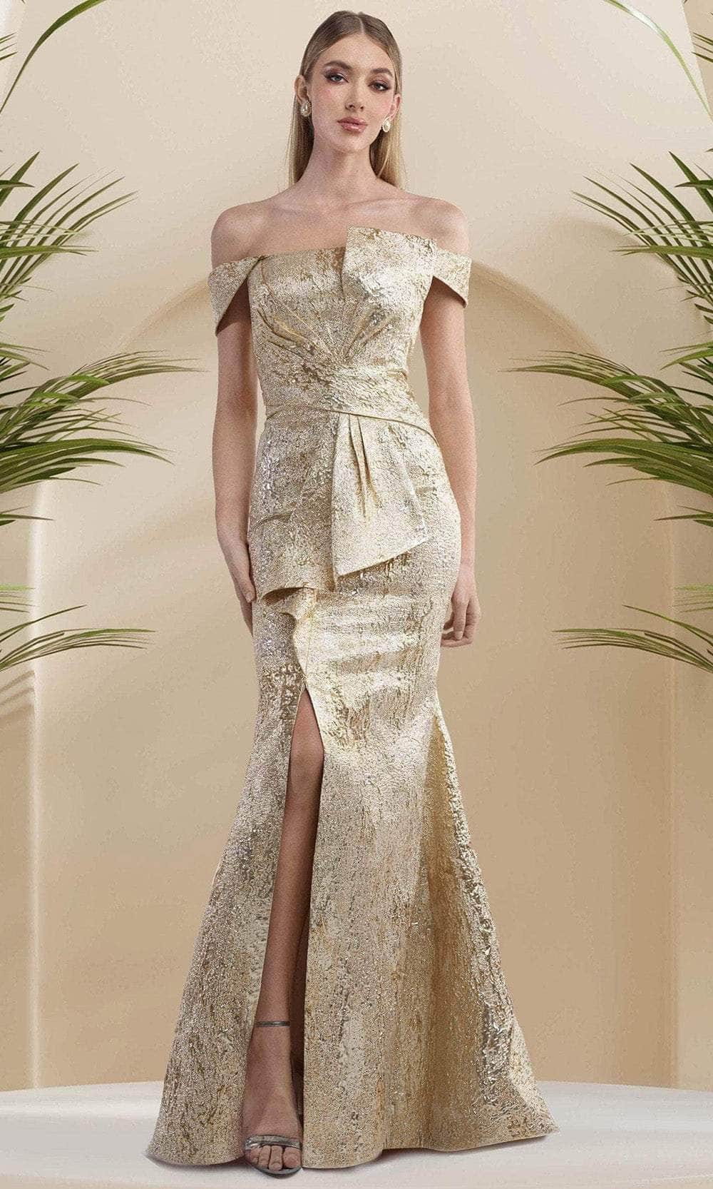 Janique 24982 - Off Shoulder Mermaid Gown Prom Dresses 2 / Gold