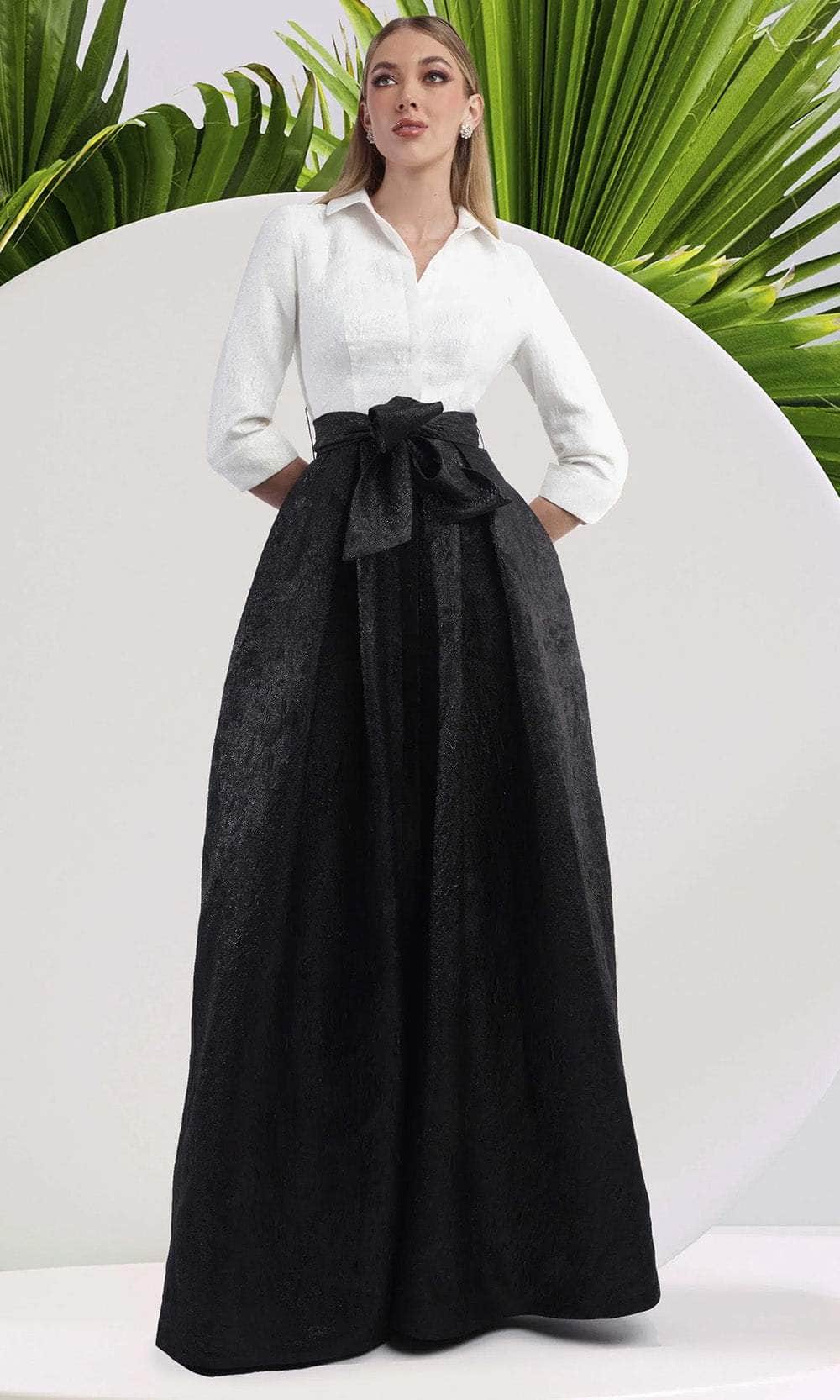 Janique 24988 - Long A-Line Dress - Collared, Box Pleated Skirt, Front Tie Skirt, Quarter Length Sleeve, Full Back 6 / Champagne Janique 24988 - Long A-Line Dress - Collared, Box Pleated Skirt, Front Tie Skirt, Quarter Length Sleeve, Full Back 6 / Champagne