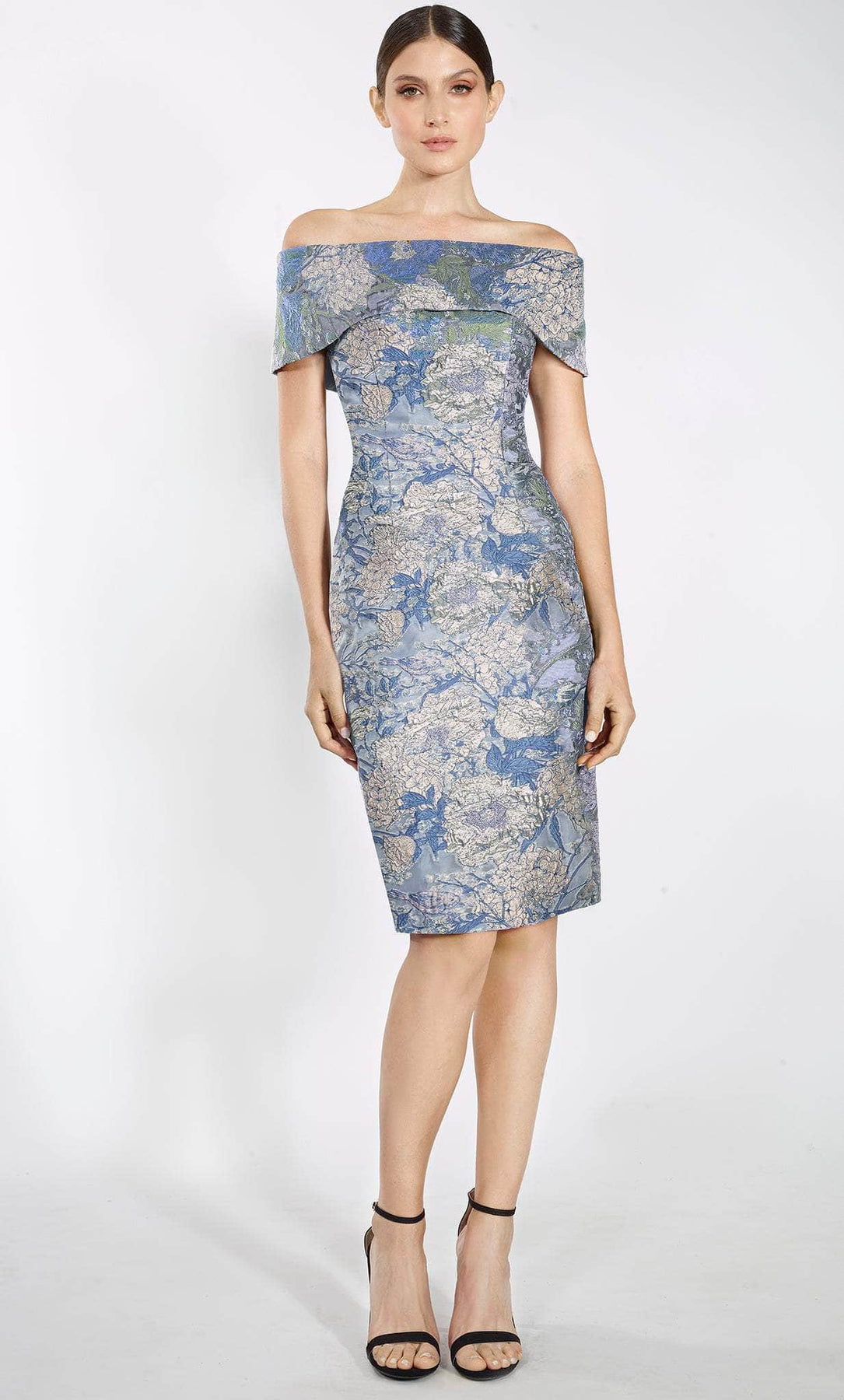 Janique 4044 - Straight Across Floral Cocktail Dress Special Occasion Dress 2 / Blue