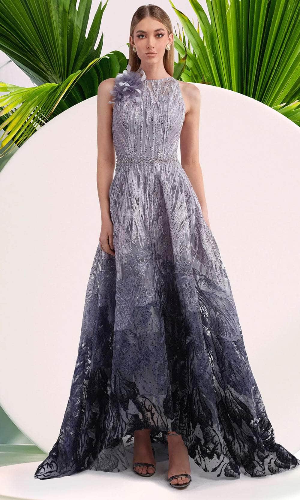 Janique 622067 - Long A-Line Dress - Beaded, 3-D Floral Applique, Beaded, Sheer Yoke, Keyhole Back, Train, Back Zipper Closure ADASA Janique 622067 - Long A-Line Dress - Beaded, 3-D Floral Applique, Beaded, Sheer Yoke, Keyhole Back, Train, Back Zipper Closure ADASA