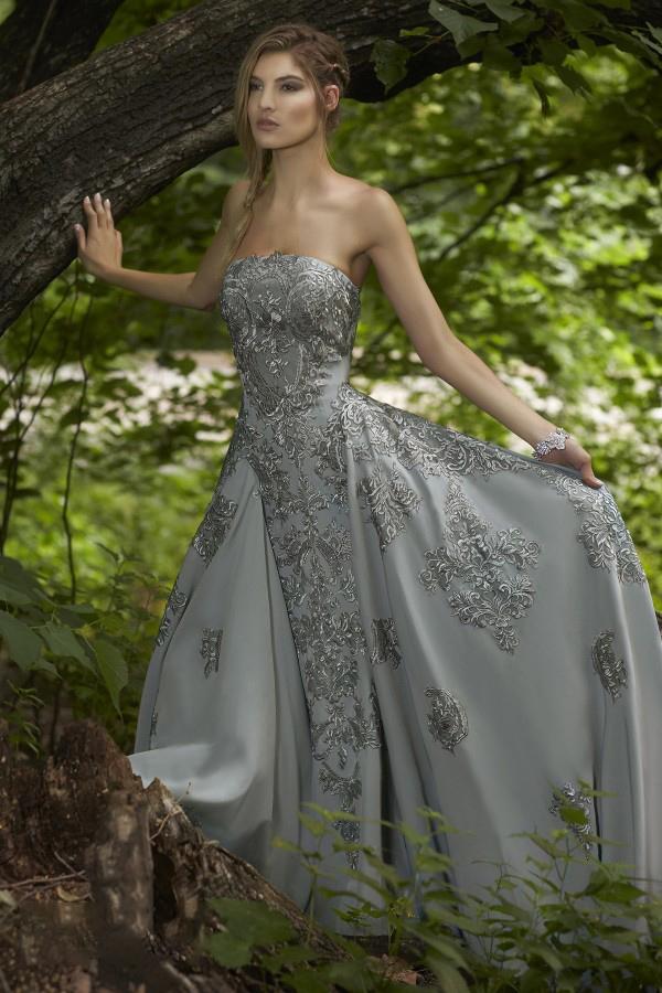 Janique - Strapless Embroidered Overskirt Gown W1691SC In Silver and Gray