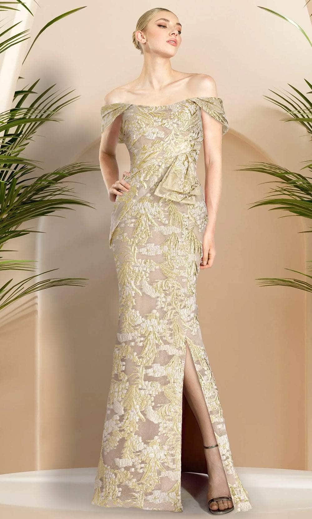Janique G24920 - Long Mermaid Dress - Fold Over Sleeves, Bow Accent, High Slit, Floor Length Hem 10 / Gold Janique G24920 - Long Mermaid Dress - Fold Over Sleeves, Bow Accent, High Slit, Floor Length Hem 10 / Gold