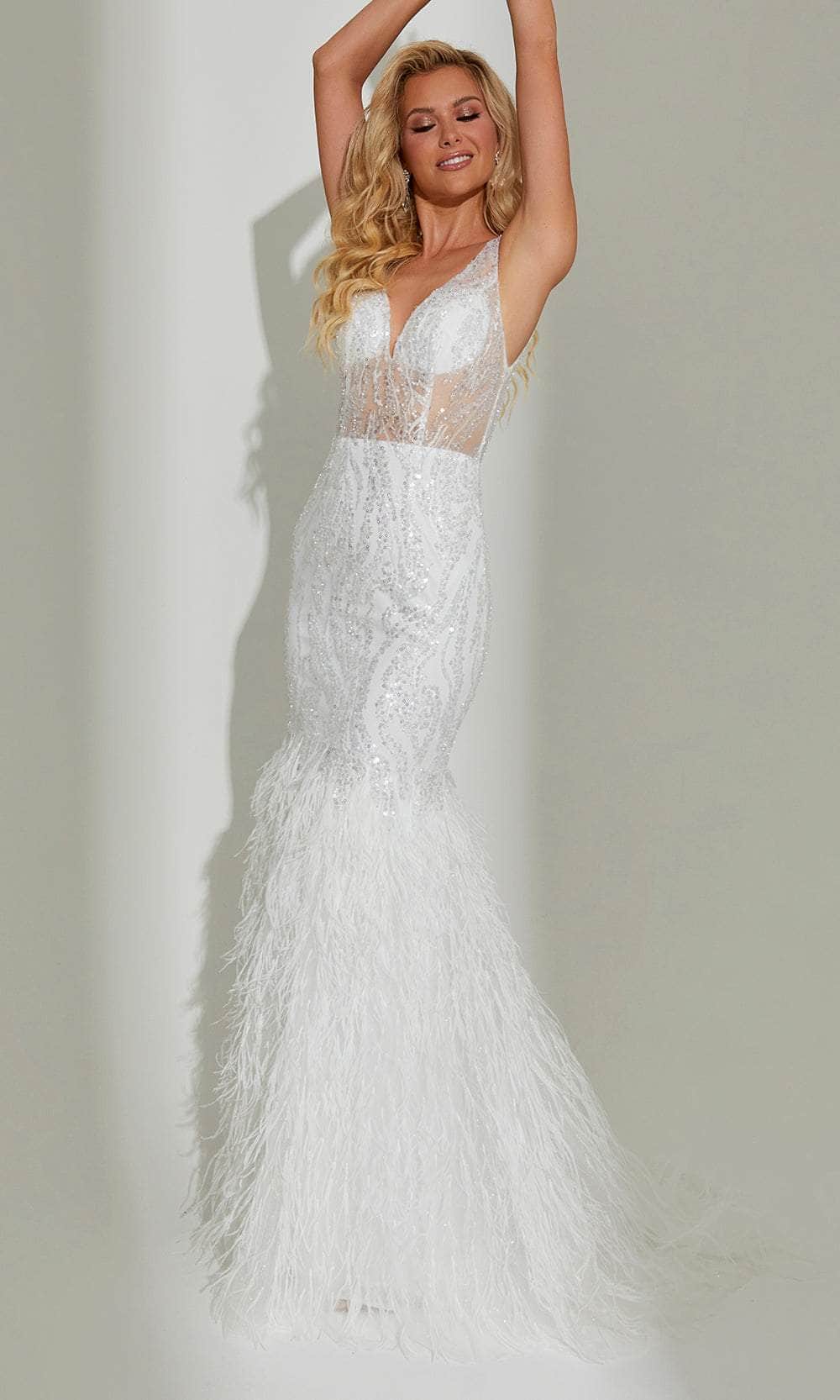 Jasz Couture 7545 - Long Trumpet Dress - Sleeveless Illusion Bodice, Beaded,  V-Open Back, Concealed Zipper Closure, Feather Fringes, Sweep Train  ADASA