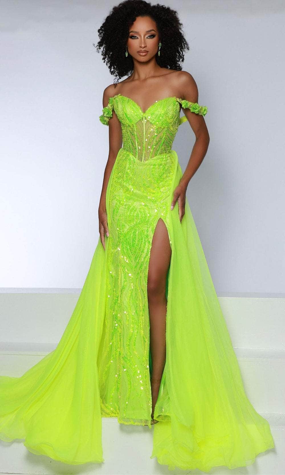 Johnathan Kayne 2834 - Long Beaded Mesh, Satin Lining, Poly Organza Sheath/A-Line Dress - Draped Off Shoulder Sleeve, Sheer Corset Bodice, Beaded, Sequin, 3D Floral Appliqued, High Slit, Overskirt, Sweep Train ADASA Johnathan Kayne 2834 - Long Beaded Mesh, Satin Lining, Poly Organza Sheath/A-Line Dress - Draped Off Shoulder Sleeve, Sheer Corset Bodice, Beaded, Sequin, 3D Floral Appliqued, High Slit, Overskirt, Sweep Train ADASA