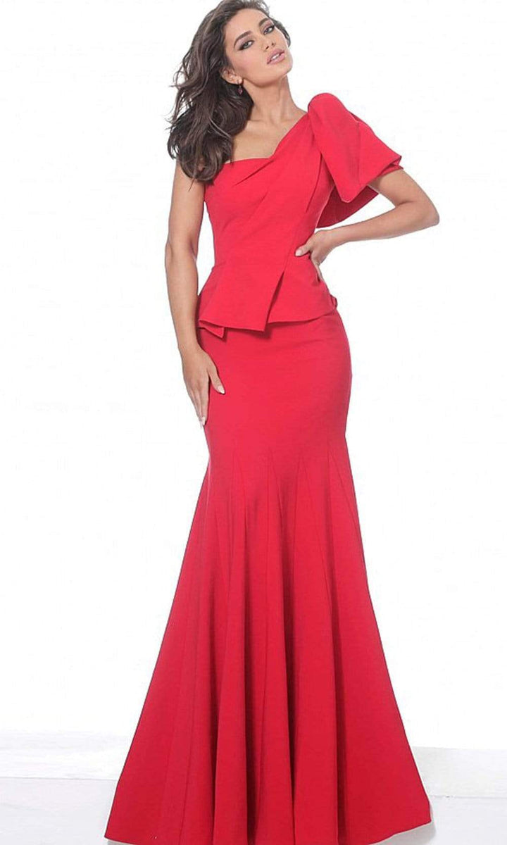 Jovani - Bow Sleeve Peplum Evening Gown 03856SC In Red