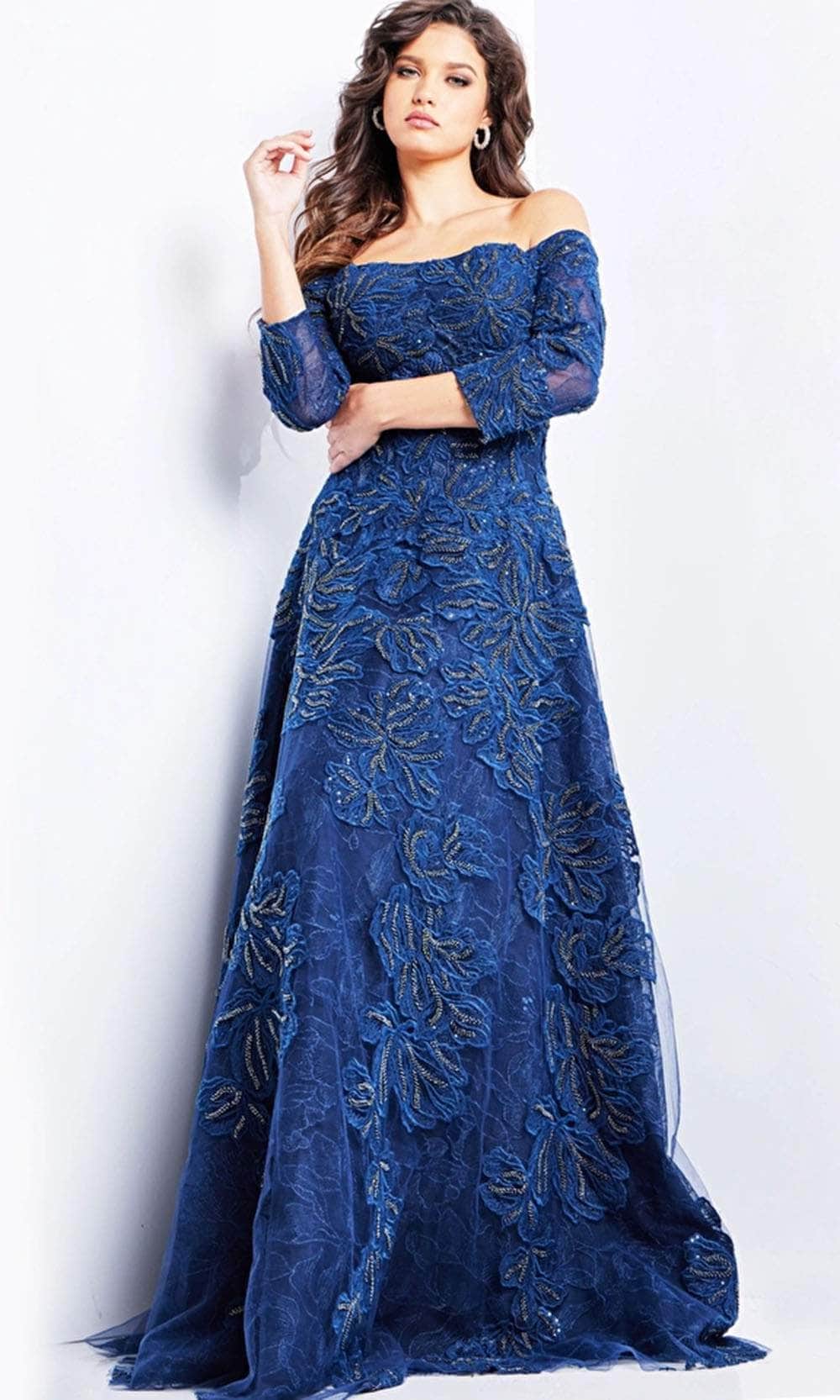 Jovani 08507 - Long A-line Dress - Off-Shoulder, Embroideries, Beads and Sequin Embellishment, Corset Bodice, Back Zipper Closure, Train 24 / Navy Jovani 08507 - Long A-line Dress - Off-Shoulder, Embroideries, Beads and Sequin Embellishment, Corset Bodice, Back Zipper Closure, Train 24 / Navy