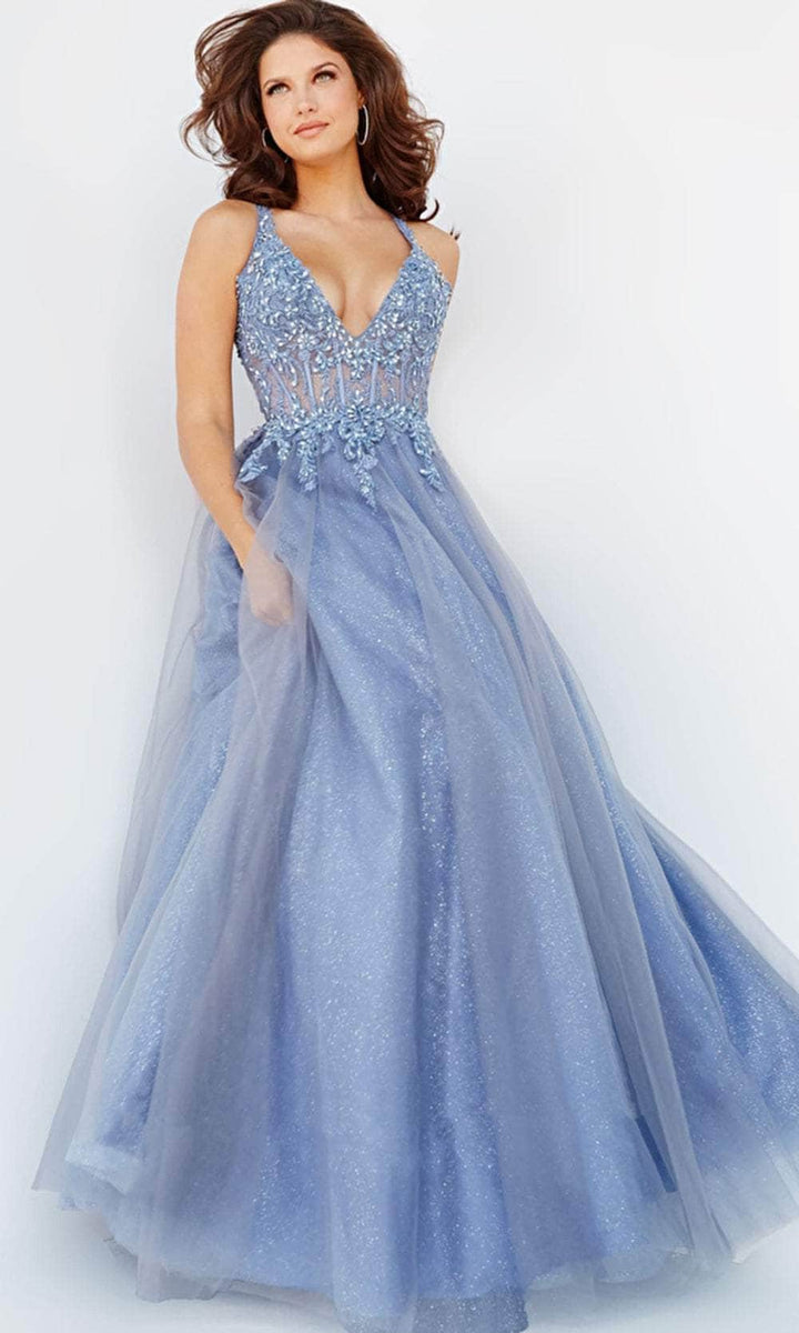 Jovani - Sleeveless Lace Appliqued Ballgown 22546SC In Blue