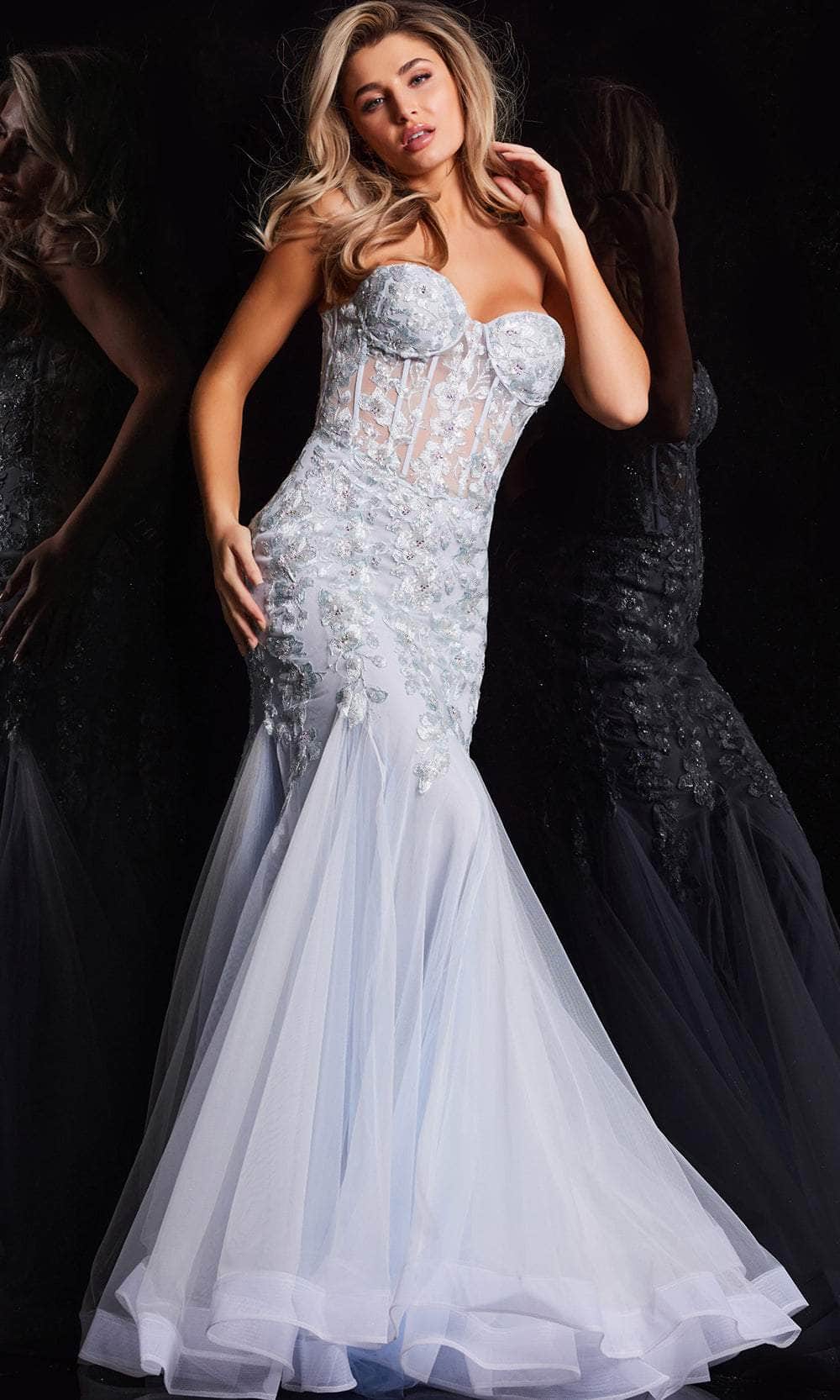 Jovani 22924 - Long Tulle Mermaid Dress - Strapless, Floral Embroidery, Beaded, Illusion Corset Bodice, Mid-Open Back, Godets, Horsehair Trim, Sweep Jovani 22924 - Long Tulle Mermaid Dress - Strapless, Floral Embroidery, Beaded, Illusion Corset Bodice, Mid-Open Back, Godets, Horsehair Trim, Sweep