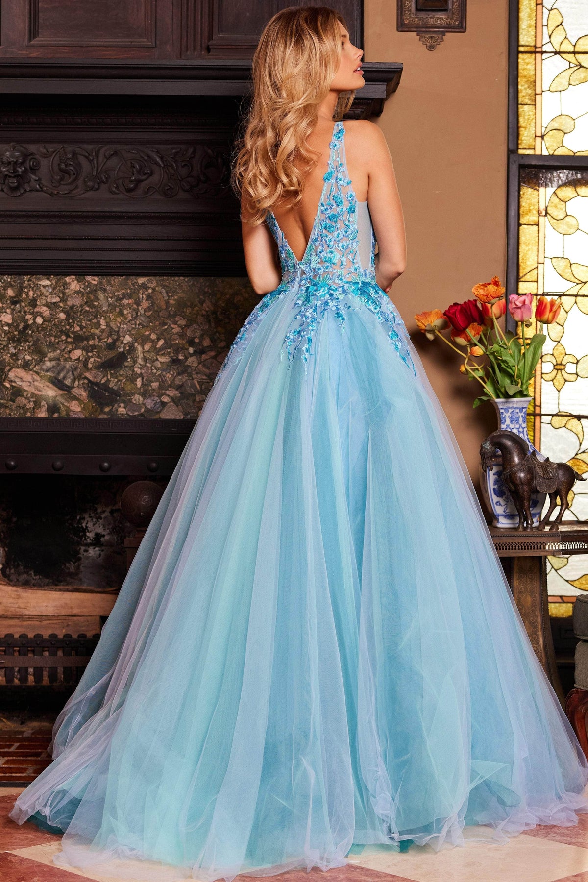 Jovani 23577 - Floral Lace V-Neck Ballgown Special Occasion Dress