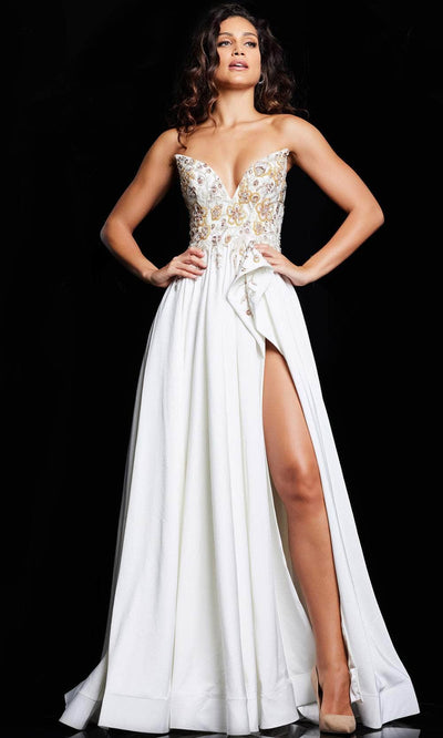 Jovani 23937 - Floral Beaded Strapless Evening Gown Special Occasion Dress 00 / Off-White