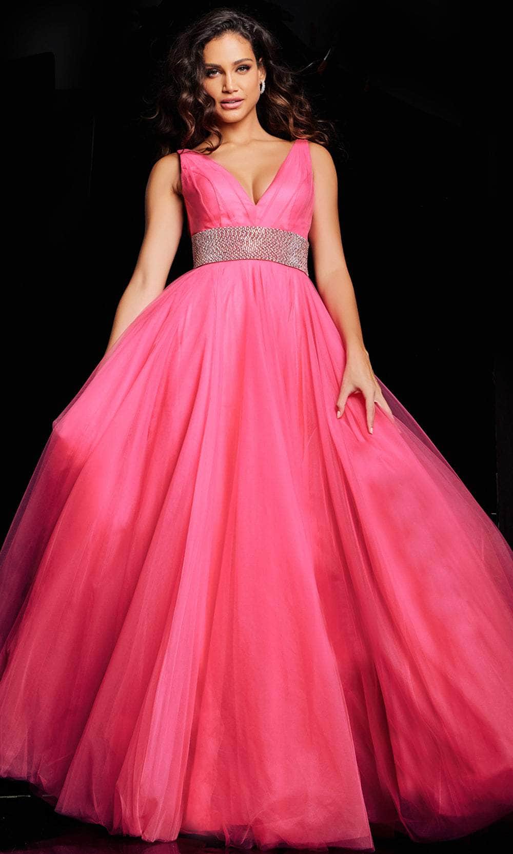 Jovani 24564 - Long Tulle A-Line Dress - Sleeveless, V-Open Back, Concealed Zipper Closure, Embellished d Waist, High Slit, Sweep Train 10 / Hot Pink Jovani 24564 - Long Tulle A-Line Dress - Sleeveless, V-Open Back, Concealed Zipper Closure, Embellished d Waist, High Slit, Sweep Train 10 / Hot Pink