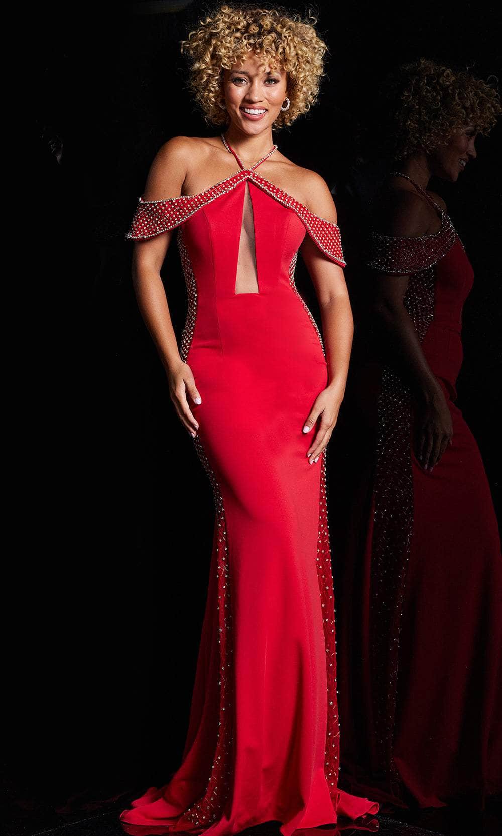 Jovani 24611 - Long Jersey Mermaid Dress - Spaghetti Straps, Sheer Sides, Embellished with Stones, Sweeping train, Front Cutout, Off Shoulder Draped Jovani 24611 - Long Jersey Mermaid Dress - Spaghetti Straps, Sheer Sides, Embellished with Stones, Sweeping train, Front Cutout, Off Shoulder Draped