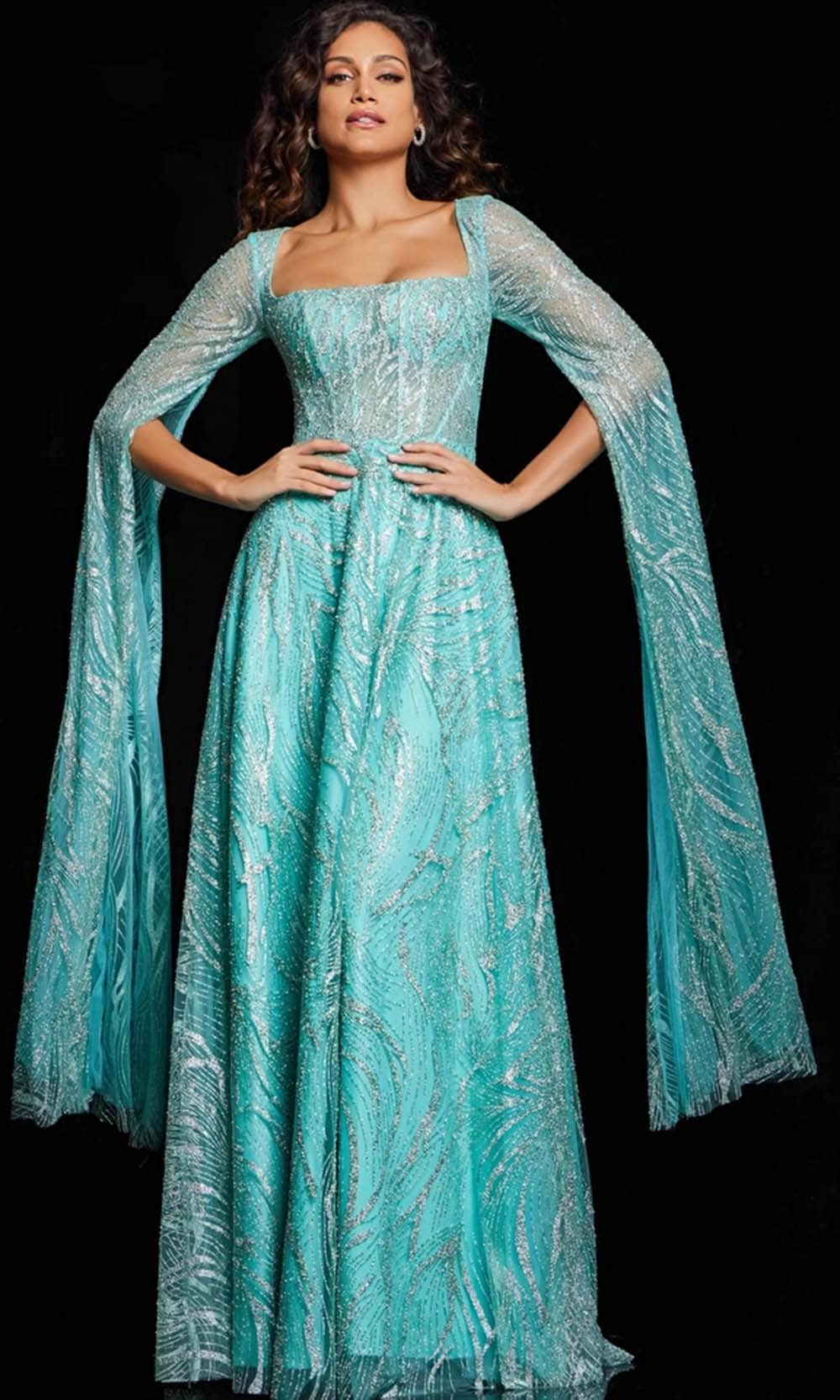 Jovani 25811 - Long A-Line Dress - Split Cascading Sleeves, Corset Boning, Glitter Print, Sweep Train ADASA Jovani 25811 - Long A-Line Dress - Split Cascading Sleeves, Corset Boning, Glitter Print, Sweep Train ADASA