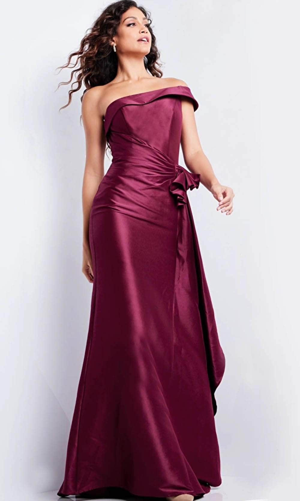 Jovani 25831 - Long Sheath Dress - One Shoulder, Cap Sleeve, Ruched Waist, Peplum, Side Drape Sash, Sweep Train ADASA Jovani 25831 - Long Sheath Dress - One Shoulder, Cap Sleeve, Ruched Waist, Peplum, Side Drape Sash, Sweep Train ADASA