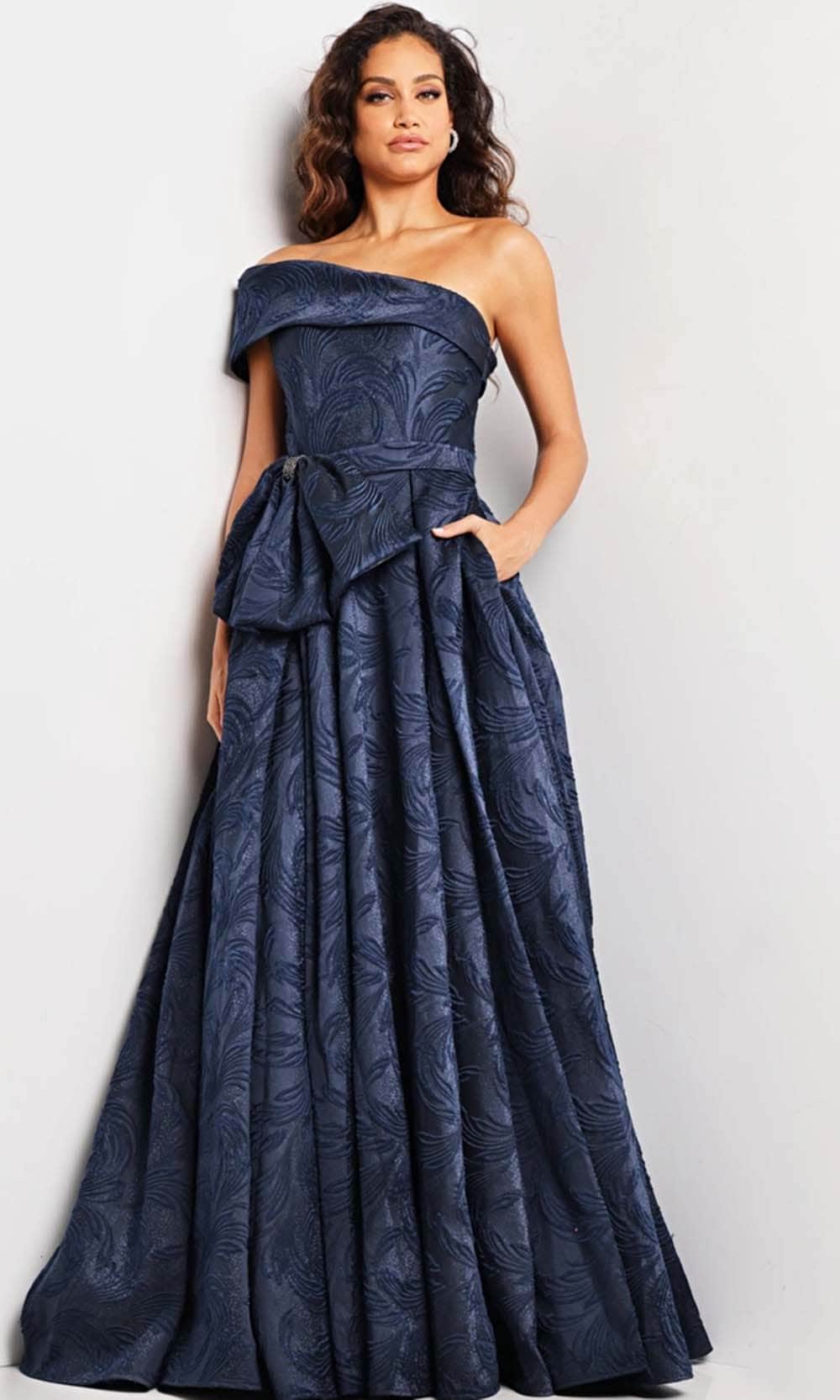 Jovani 26281 - Long Brocade A-Line Dress - Off Shoulder, Bow Detail, Pleated, Banded Waist, Mid-Open Back, Pockets, Sweep Train ADASA Jovani 26281 - Long Brocade A-Line Dress - Off Shoulder, Bow Detail, Pleated, Banded Waist, Mid-Open Back, Pockets, Sweep Train ADASA