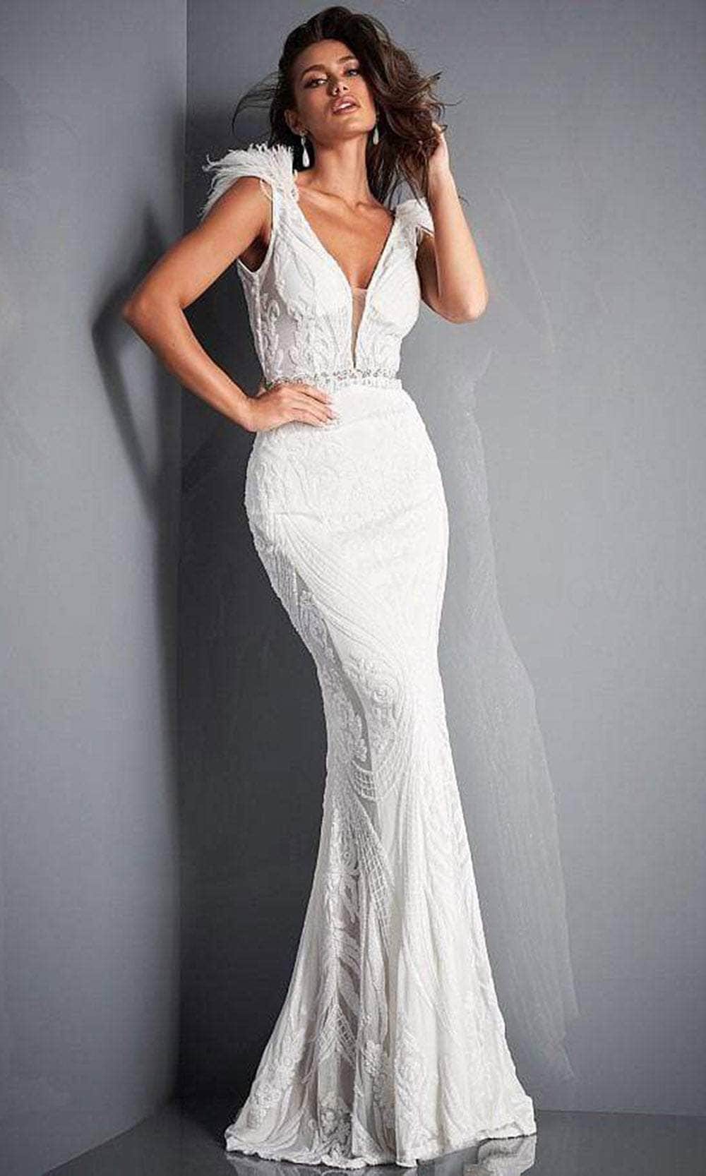 Jovani - Sequined V-Back Sheath Prom Gown 3180SC In White