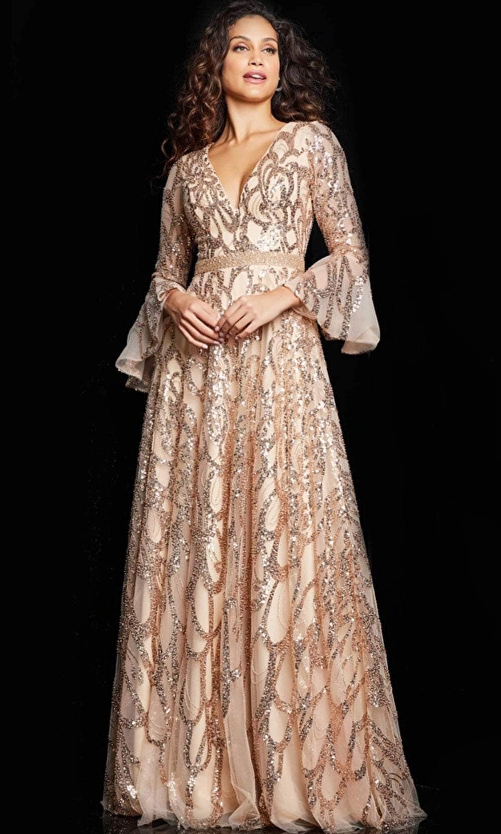 Jovani 36380 - Long Mesh A-line Dress - Long Flutter Sleeves, Sequin Embellished, Embellished Waist, Sweep Train ADASA Jovani 36380 - Long Mesh A-line Dress - Long Flutter Sleeves, Sequin Embellished, Embellished Waist, Sweep Train ADASA