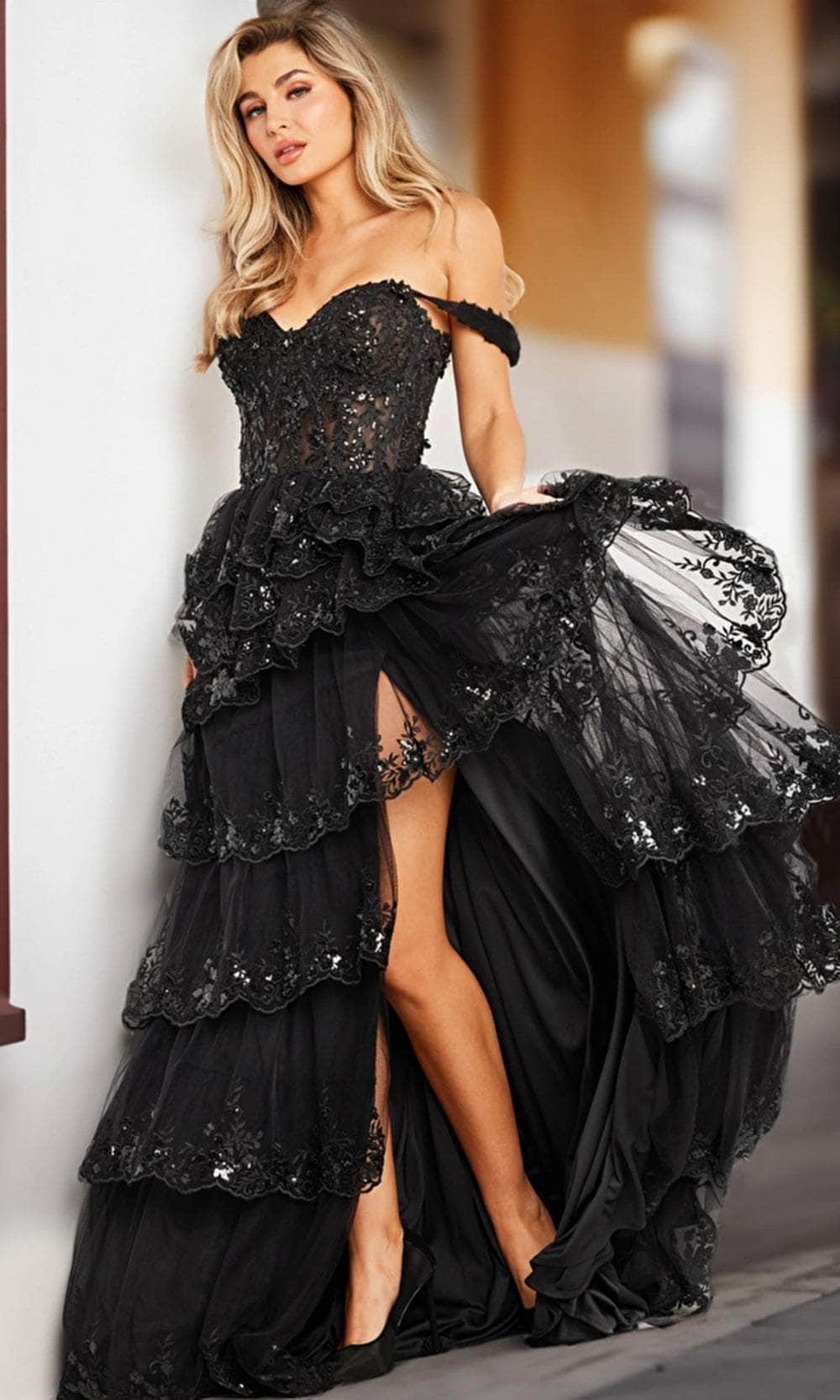 ruffle tiered prom dress Jovani 36687 - Long Tulle A-Line Dress