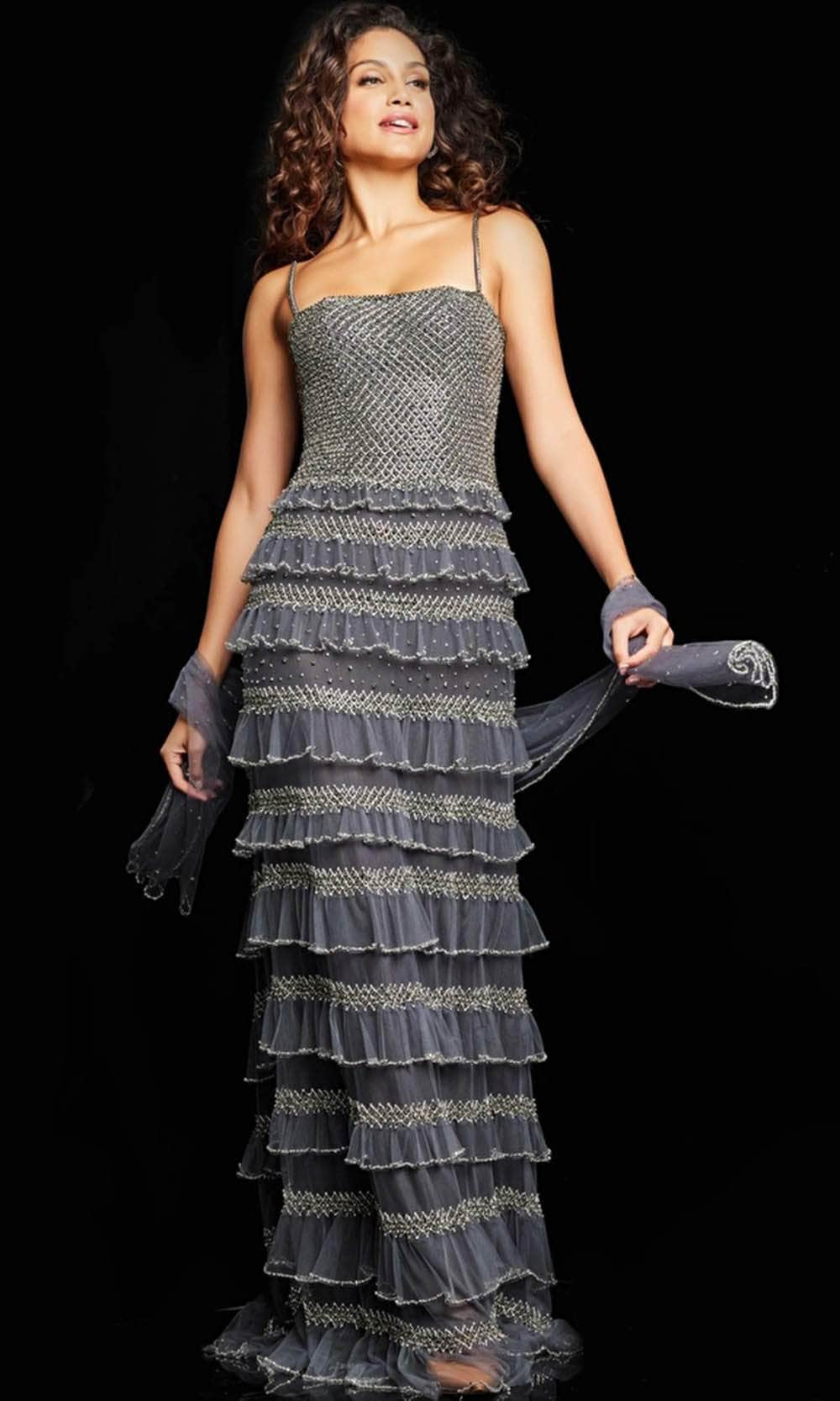 Jovani 36816 - Long Tulle Sheath Dress - Spaghetti Strap, Beaded, Ruffles, Tiered, Mid-Open Back, Back Zipper, Sweep Train, Shawl ADASA Jovani 36816 - Long Tulle Sheath Dress - Spaghetti Strap, Beaded, Ruffles, Tiered, Mid-Open Back, Back Zipper, Sweep Train, Shawl ADASA
