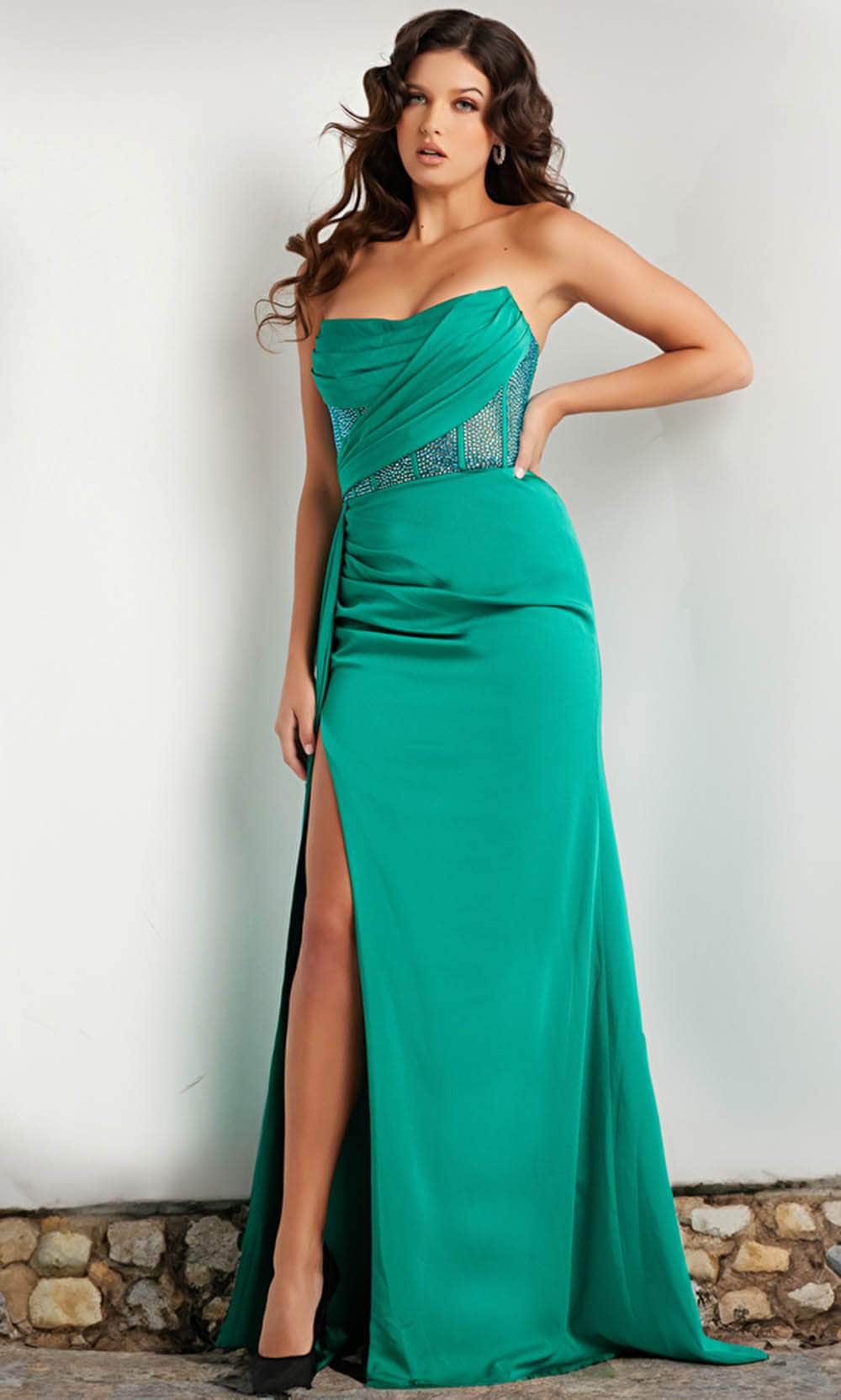 Jovani 38330 - Long Stretch Satin Sheath Dress - Corset, Embellished Bodice, Ruched, High Side Slit, Light Train ADASA Jovani 38330 - Long Stretch Satin Sheath Dress - Corset, Embellished Bodice, Ruched, High Side Slit, Light Train ADASA
