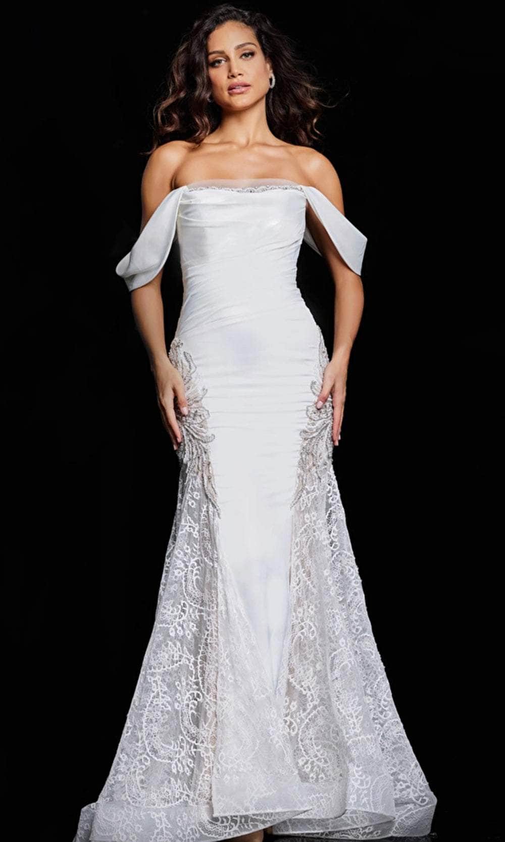 Jovani 38501 - Long Satin Mermaid Dress - Off-Shoulder, Fitted Bodice, Embellished Lace Sides, Back Zipper Closure, Train ADASA Jovani 38501 - Long Satin Mermaid Dress - Off-Shoulder, Fitted Bodice, Embellished Lace Sides, Back Zipper Closure, Train ADASA