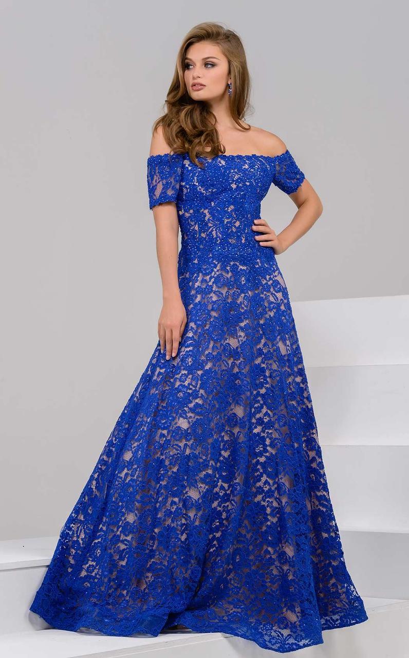 Jovani - Beaded Lace Off Shoulder Prom Gown 42828SC In Blue