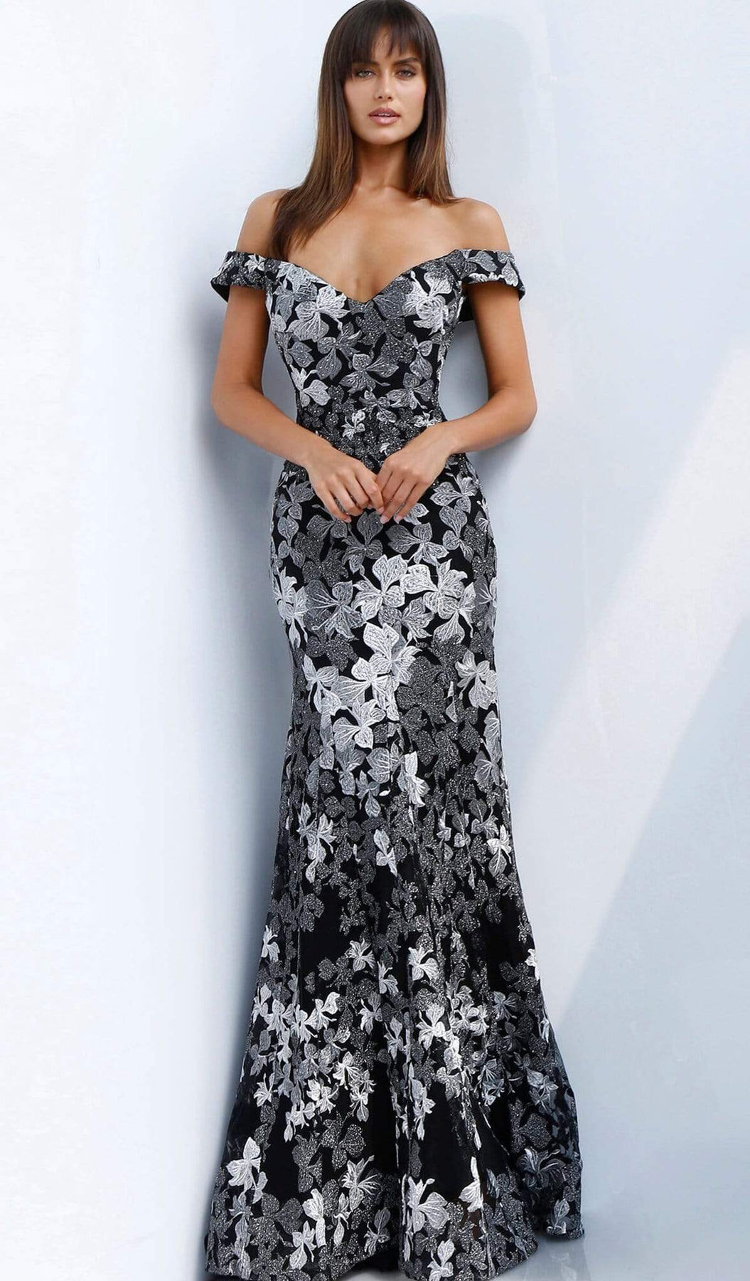 Jovani 61380SC - Embroidered Fitted Bodice Prom Dress Special Occasion Dress 00 / Black/Grey