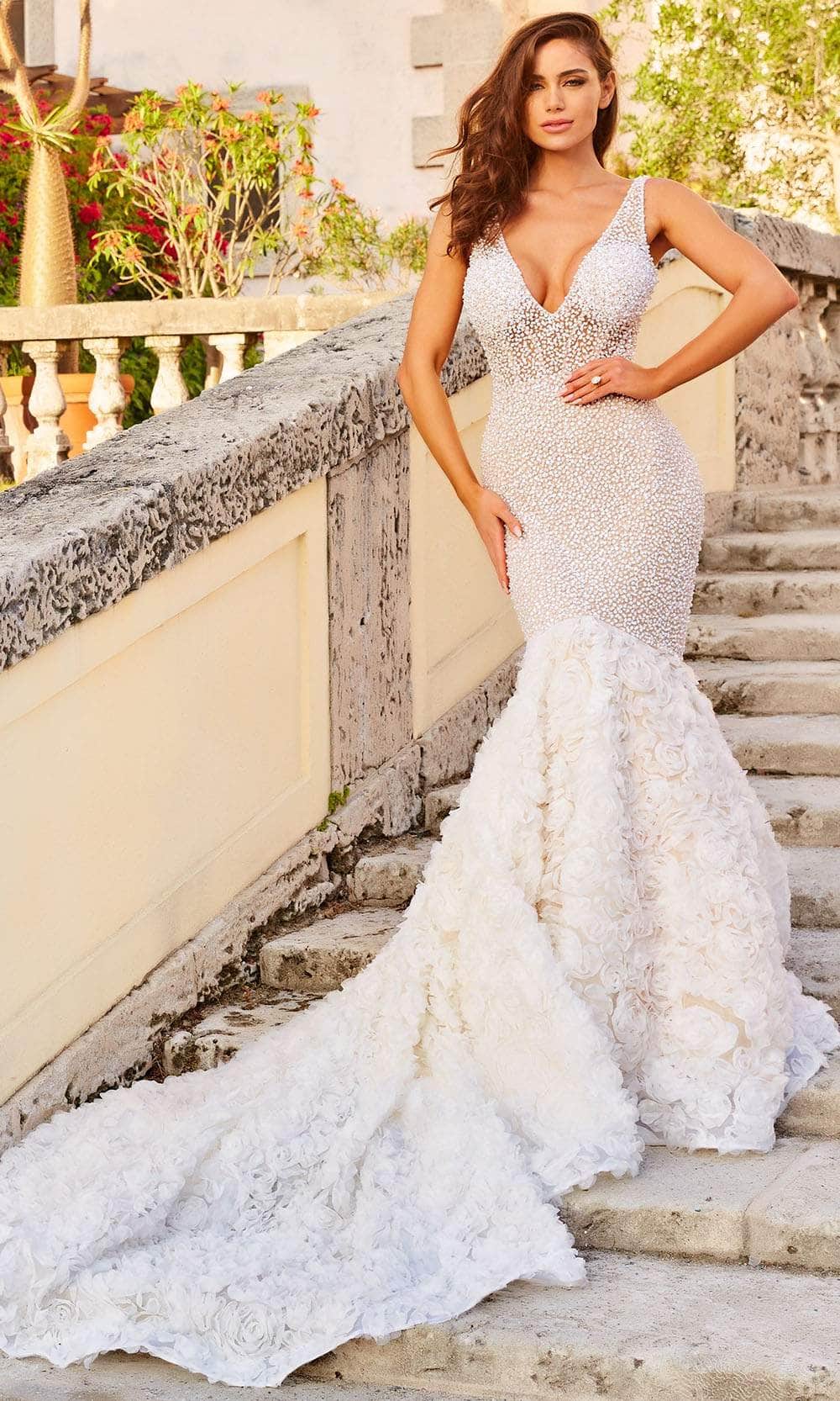 Jovani Bridal JB07233 - Long 100% Polyester Mermaid Dress - Sleeveless, Beaded, Ruffle Embellished, Low V-Open Back, Chapel Train ADASA Jovani Bridal JB07233 - Long 100% Polyester Mermaid Dress - Sleeveless, Beaded, Ruffle Embellished, Low V-Open Back, Chapel Train ADASA