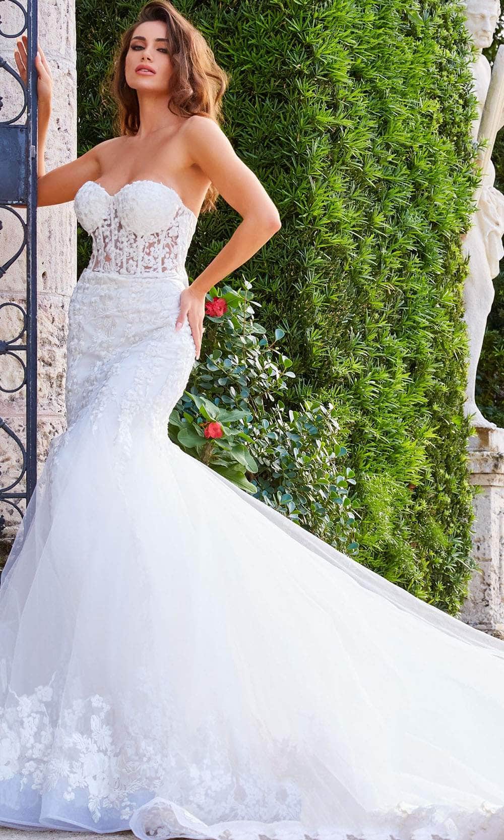 Jovani Bridal JB07260 - Long 100% Polyester Mermaid Dress - Strapless, Lace Appliques, Sheer Corset Bodice, Chapel Train ADASA Jovani Bridal JB07260 - Long 100% Polyester Mermaid Dress - Strapless, Lace Appliques, Sheer Corset Bodice, Chapel Train ADASA