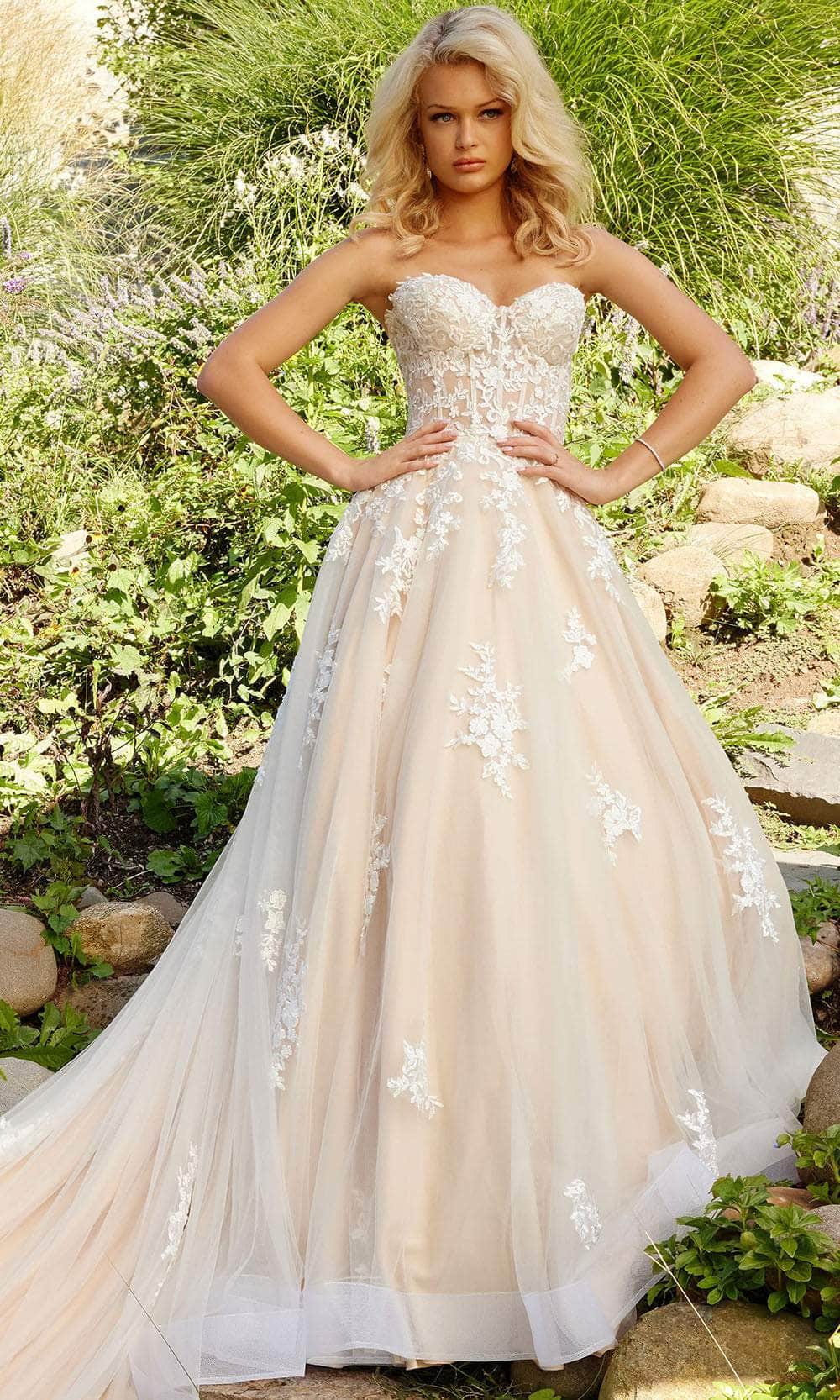 Jovani JB24145 Bridal Gown Lace Applique Long Wedding Dress - Off White / 8 Jovani JB24145 Bridal Gown Lace Applique Long Wedding Dress - Off White / 8